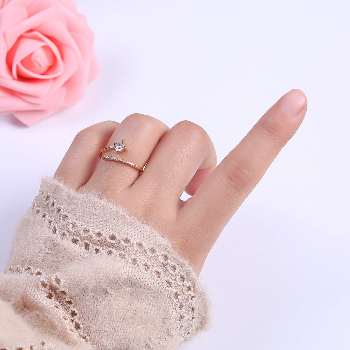 Dainty Crystal Zirconia CZ Stone Open Ring, Minimalist 16K Gold Filled Promise Ring, Adjustable Open Stacking Ring For Valentine Anniversary | U-422 - DLUXCA