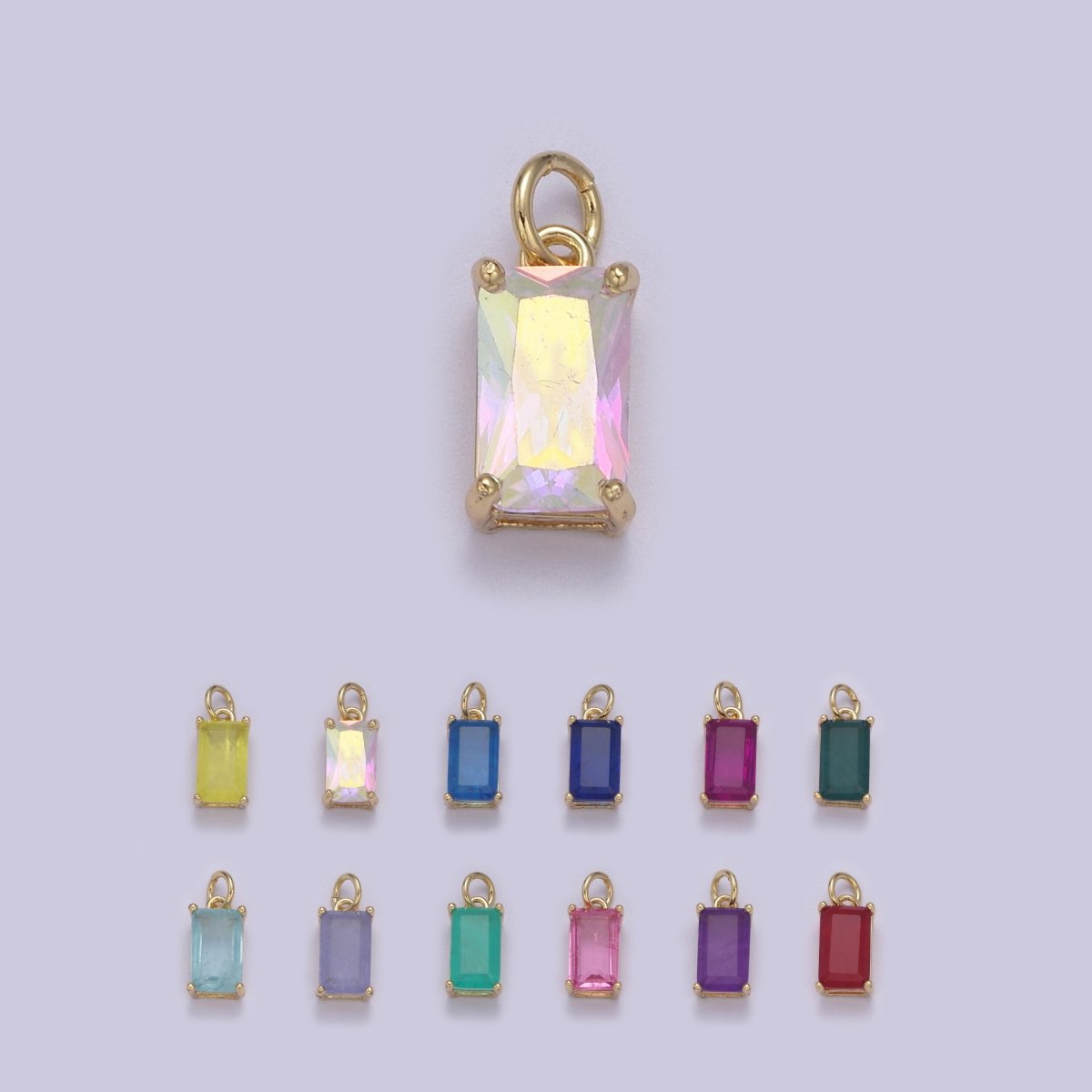 Dainty Cubic AB, Yellow, Blue, Teal, Green, Pink, Red 24k Gold Filled Solitaire Micro Pave Pendant Rectangle Emerald Diamond Cut Square Cz Stone Pendant for Birthstone Add on Charm C-707,C-712,C-713,C-716,C-743,C-773~C-779 - DLUXCA