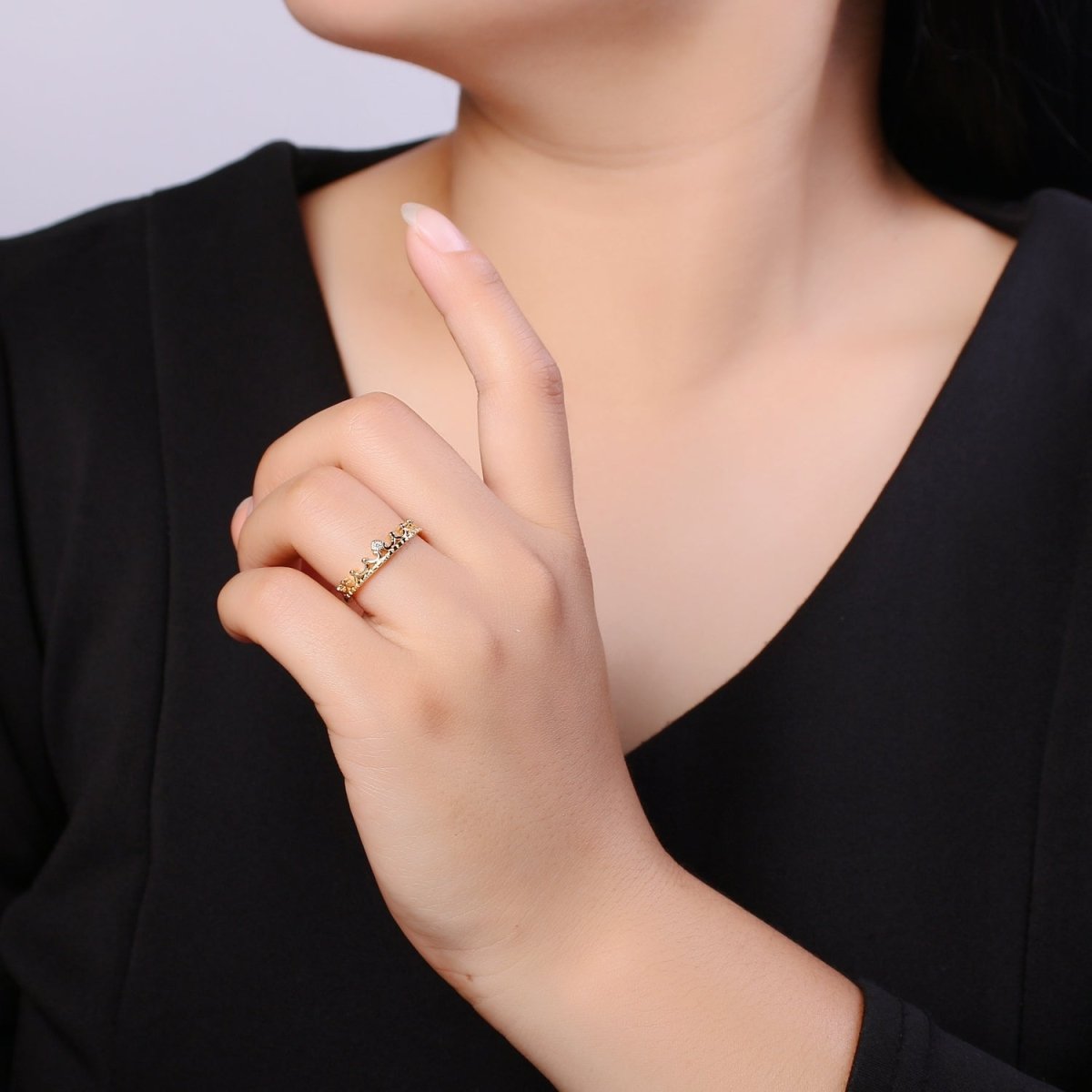 Dainty Cz Crown Ring, Stacking Rings, Thin Open Adjustable Ring O-956 - DLUXCA