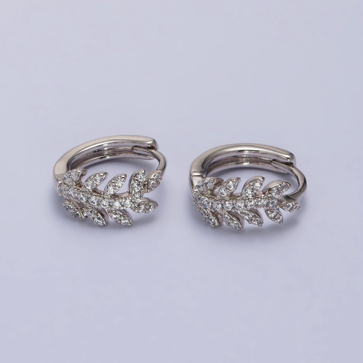 Dainty CZ Leaf Hoop Earrings, Olive Leaf Huggies Silver Earring AB1055 - DLUXCA