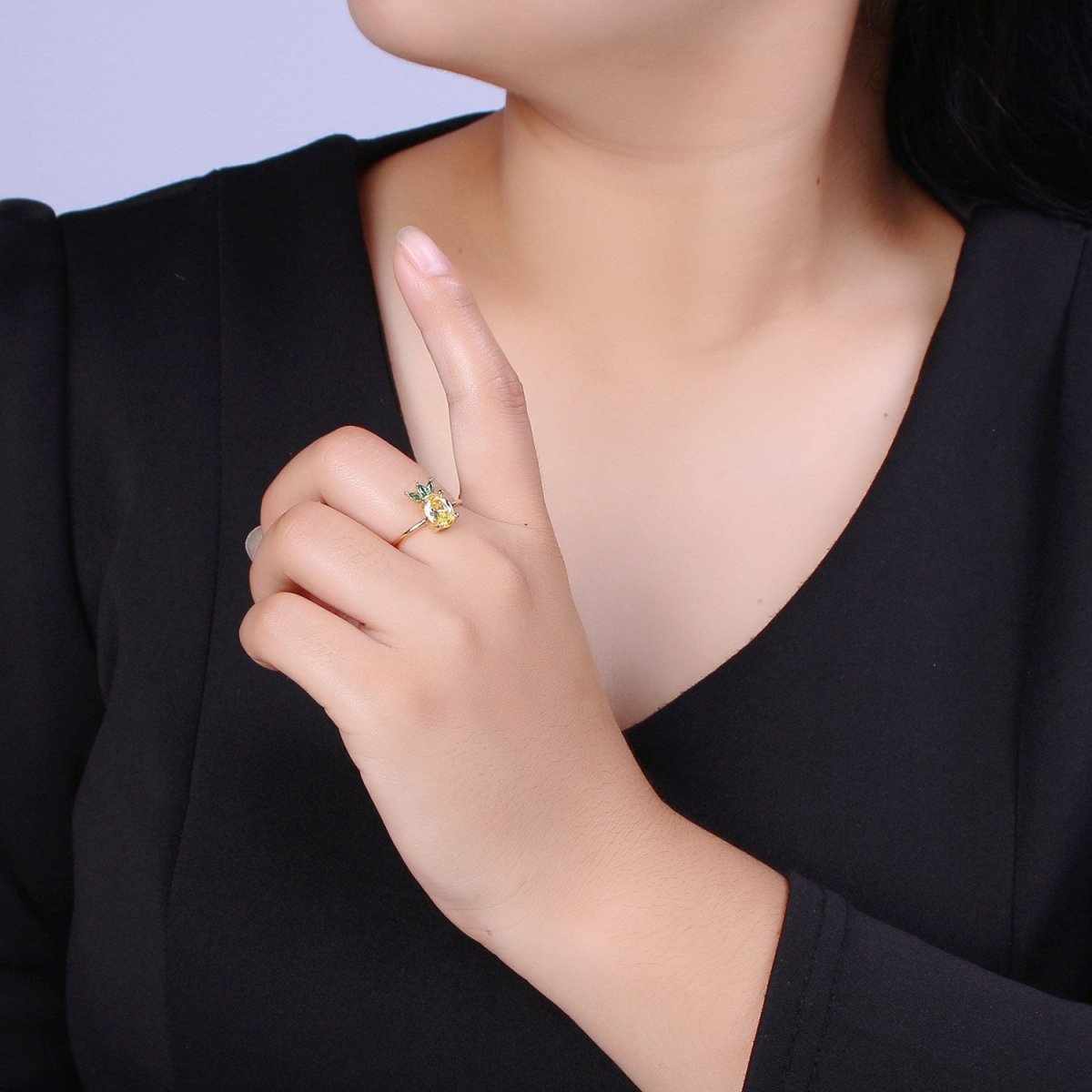 Dainty Dole Pineapple CZ Gold Band Adjustable Ring S-217 - DLUXCA