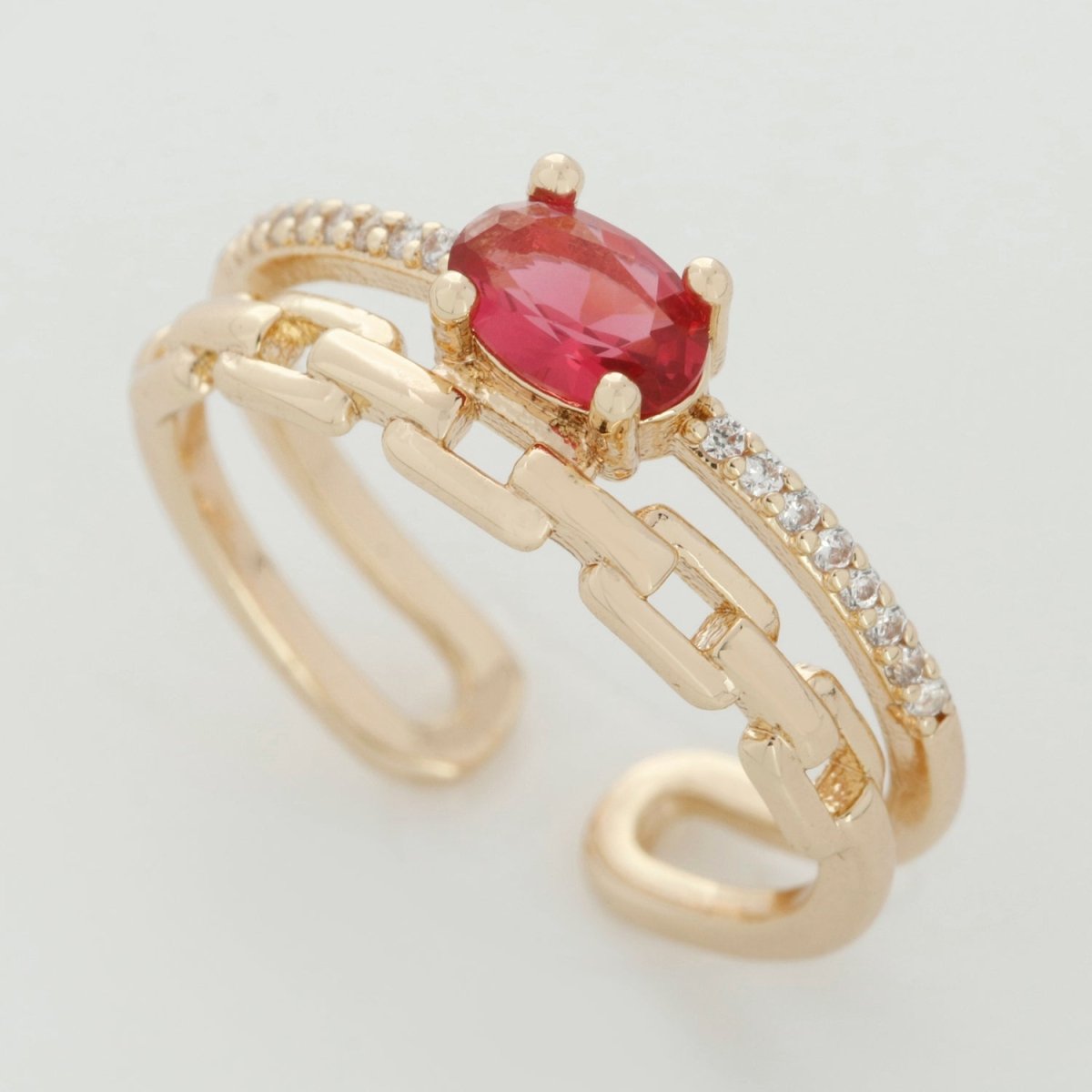 Dainty Double Band ring with Red Cz Stone Micro Pave Gold Ring Open adjustable U-015 - DLUXCA