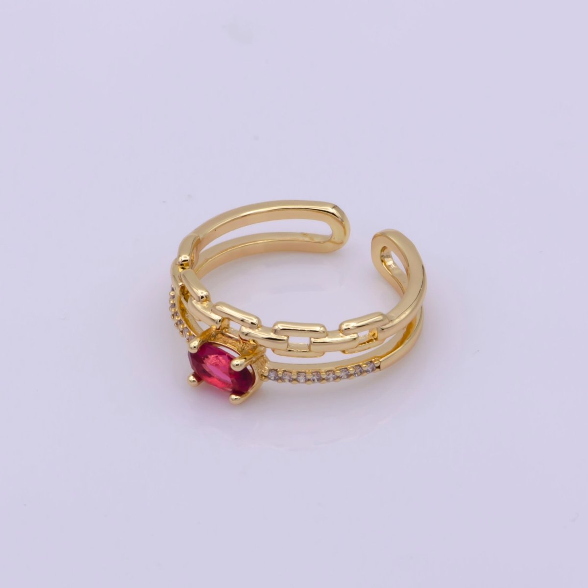 Dainty Double Band ring with Red Cz Stone Micro Pave Gold Ring Open adjustable U-015 - DLUXCA