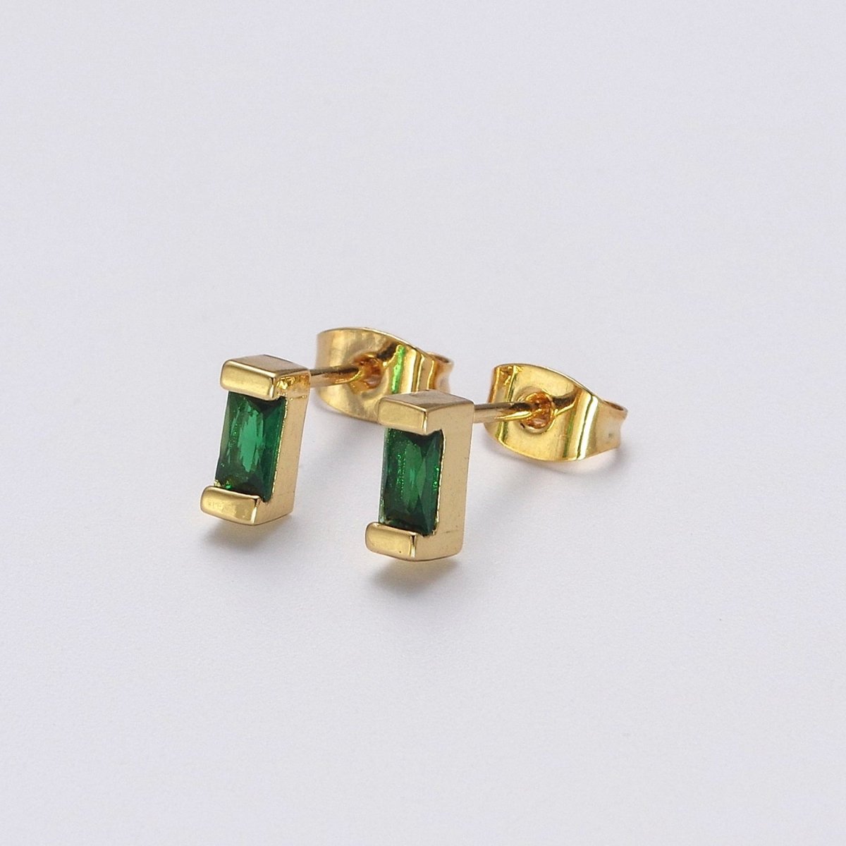 Dainty Emerald Green tiny baguette stud earrings | second hole earrings | tiny rectangle studs | Baguette shaped studs V-160 - DLUXCA