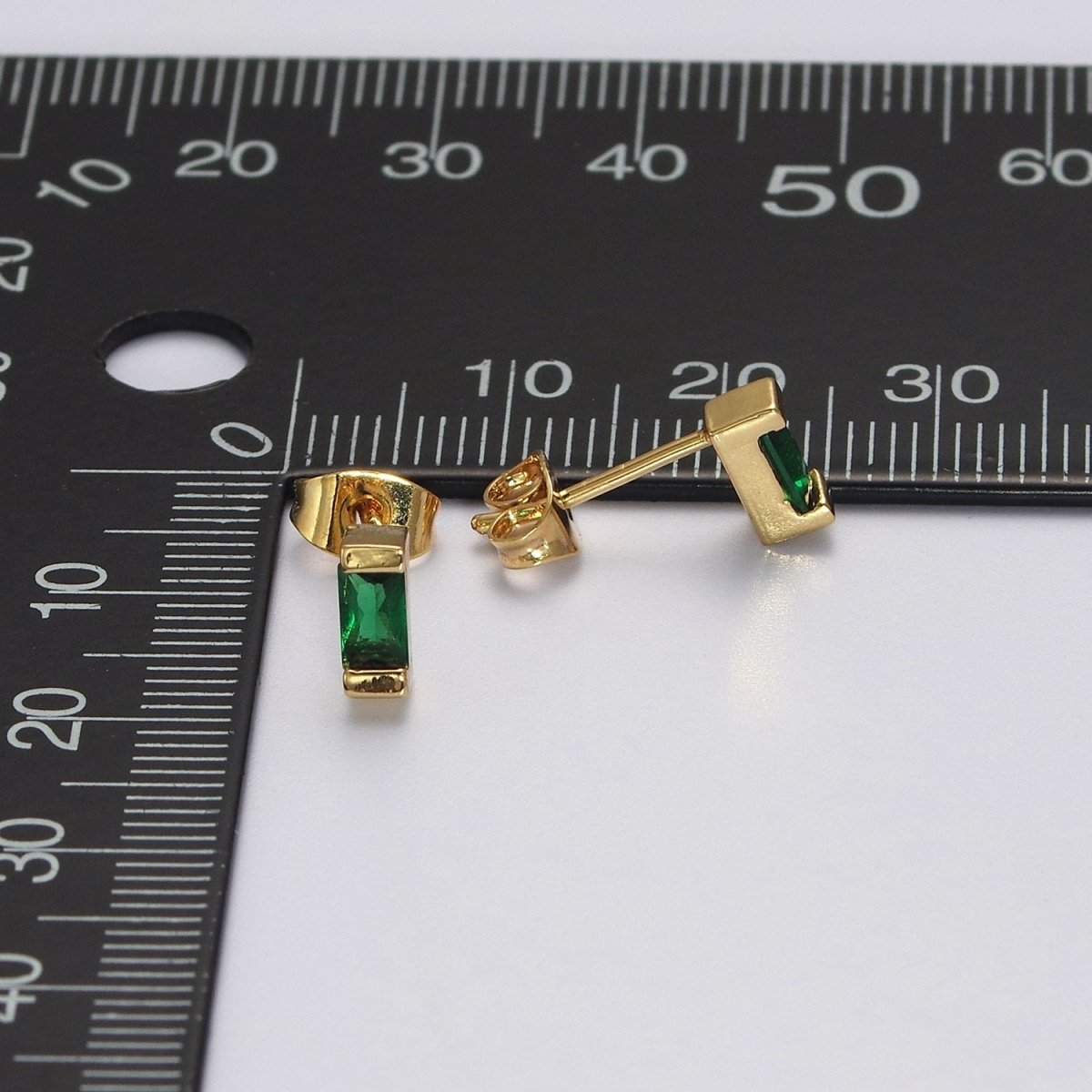 Dainty Emerald Green tiny baguette stud earrings | second hole earrings | tiny rectangle studs | Baguette shaped studs V-160 - DLUXCA