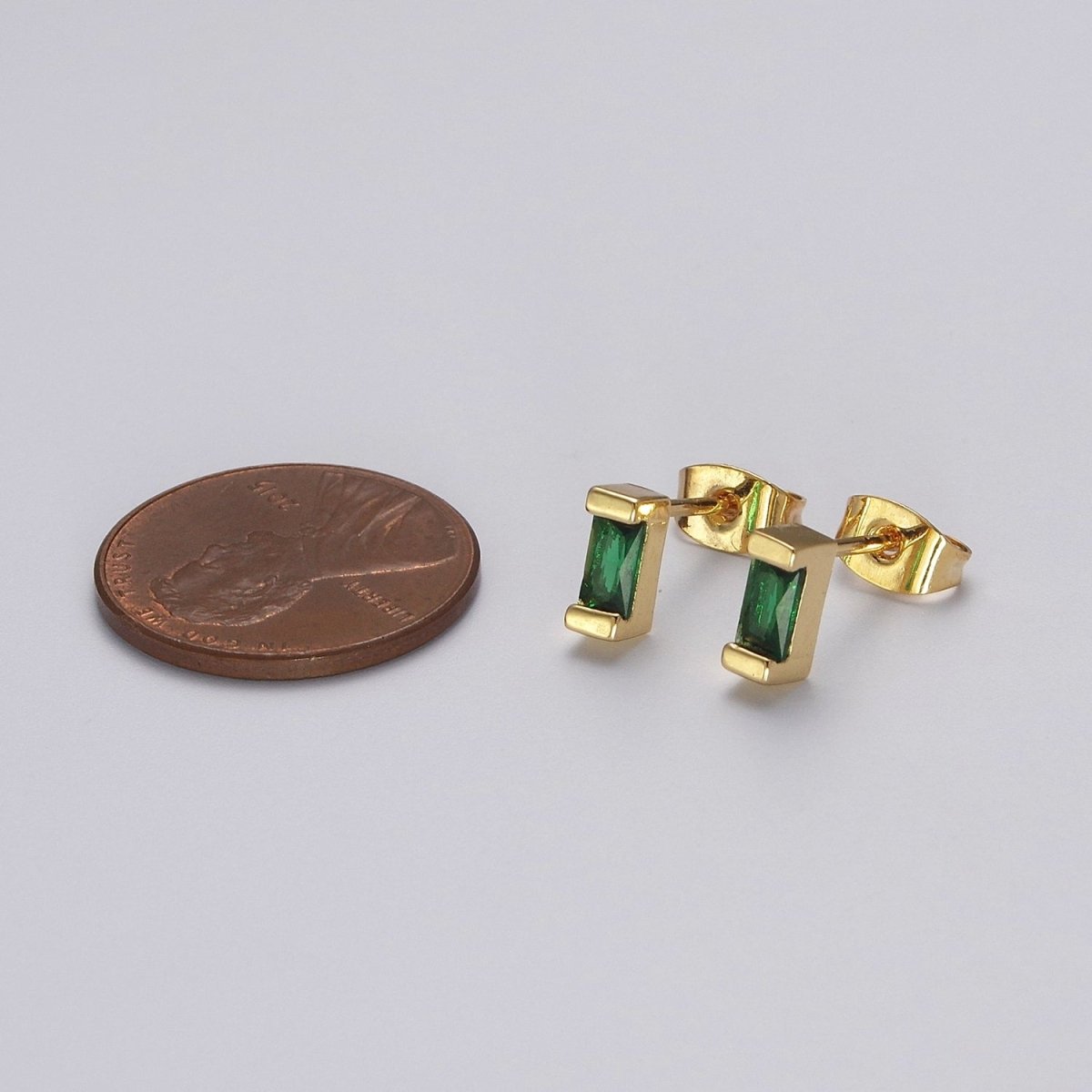 Dainty Emerald Green tiny baguette stud earrings | second hole earrings | tiny rectangle studs | Baguette shaped studs V-160 - DLUXCA