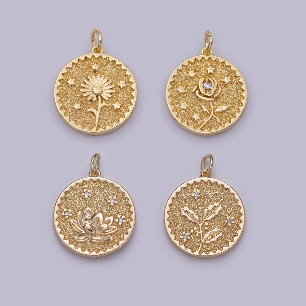 Dainty Floral Collection Sun Flower, Rose, Holly Flower, Cherry Blossom, Lotus Charm 18K Gold Filled Medallion N-189 N-190 N-191 N-192 N-201 - DLUXCA