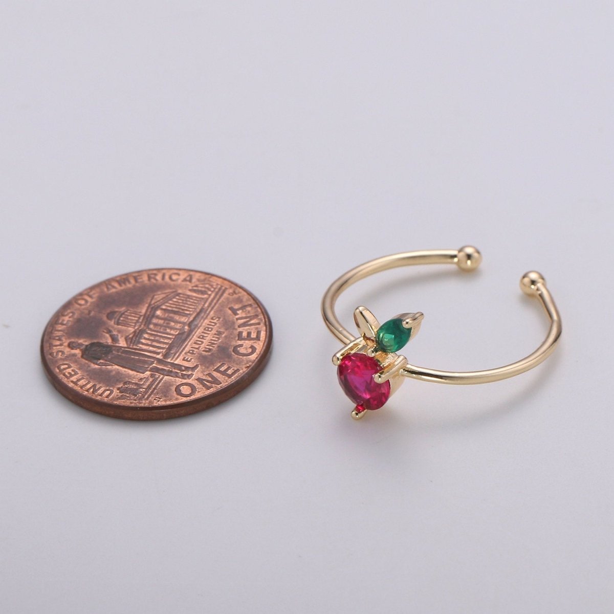 Dainty Fruit ring, Gold Mini Fruit Ring, Dainty Stackable Rings, Open Adjustable Ring Crystal Tropical Fruits, Red Cherry Ring R-115 - DLUXCA