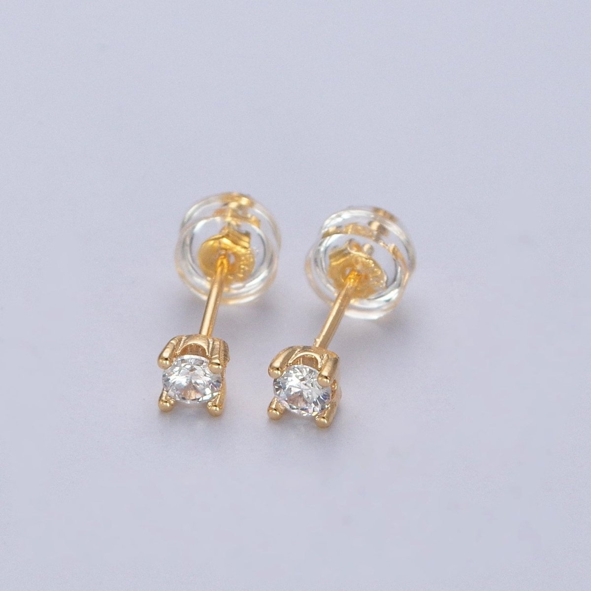 Dainty Gold 3mm, 4mm, 4.4mm Round Clear Cubic Zirconia CZ Stud Earrings P-432 P-433 P-434 - DLUXCA