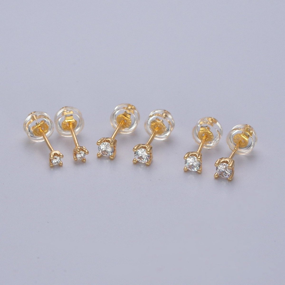 Dainty Gold 3mm, 4mm, 4.4mm Round Clear Cubic Zirconia CZ Stud Earrings P-432 P-433 P-434 - DLUXCA