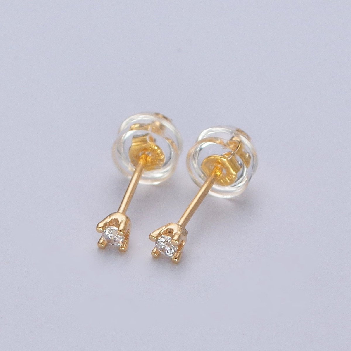 Dainty Gold 3mm, 4mm, 4.4mm Round Clear Cubic Zirconia CZ Stud Earrings P-432 P-433 P-434 - DLUXCA