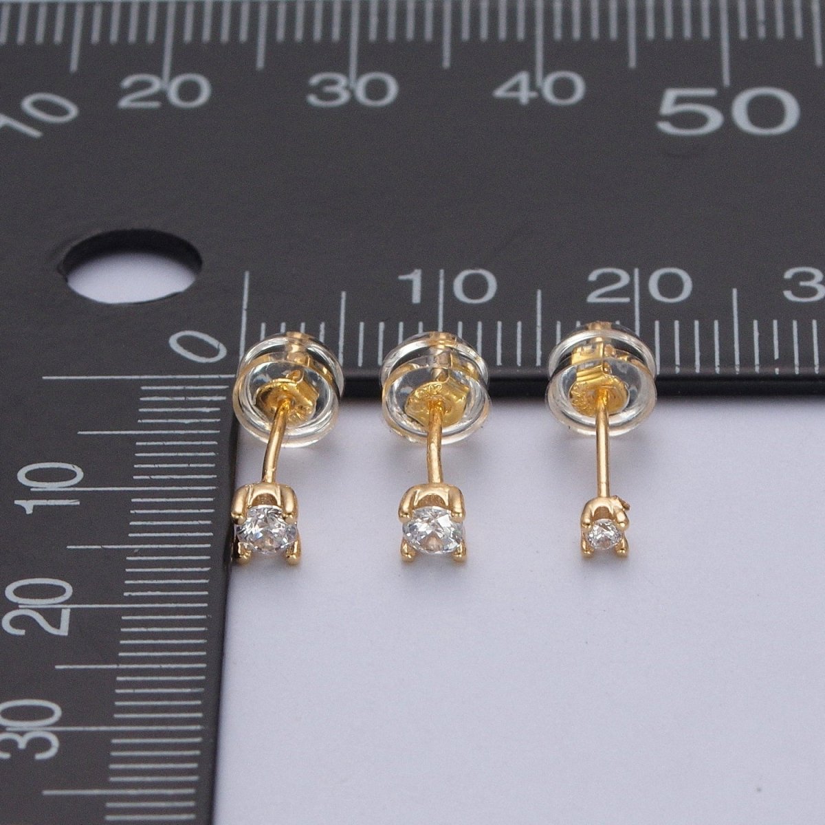 Dainty Gold 3mm, 4mm, 4.4mm Round Clear Cubic Zirconia CZ Stud Earrings P-432 P-433 P-434 - DLUXCA