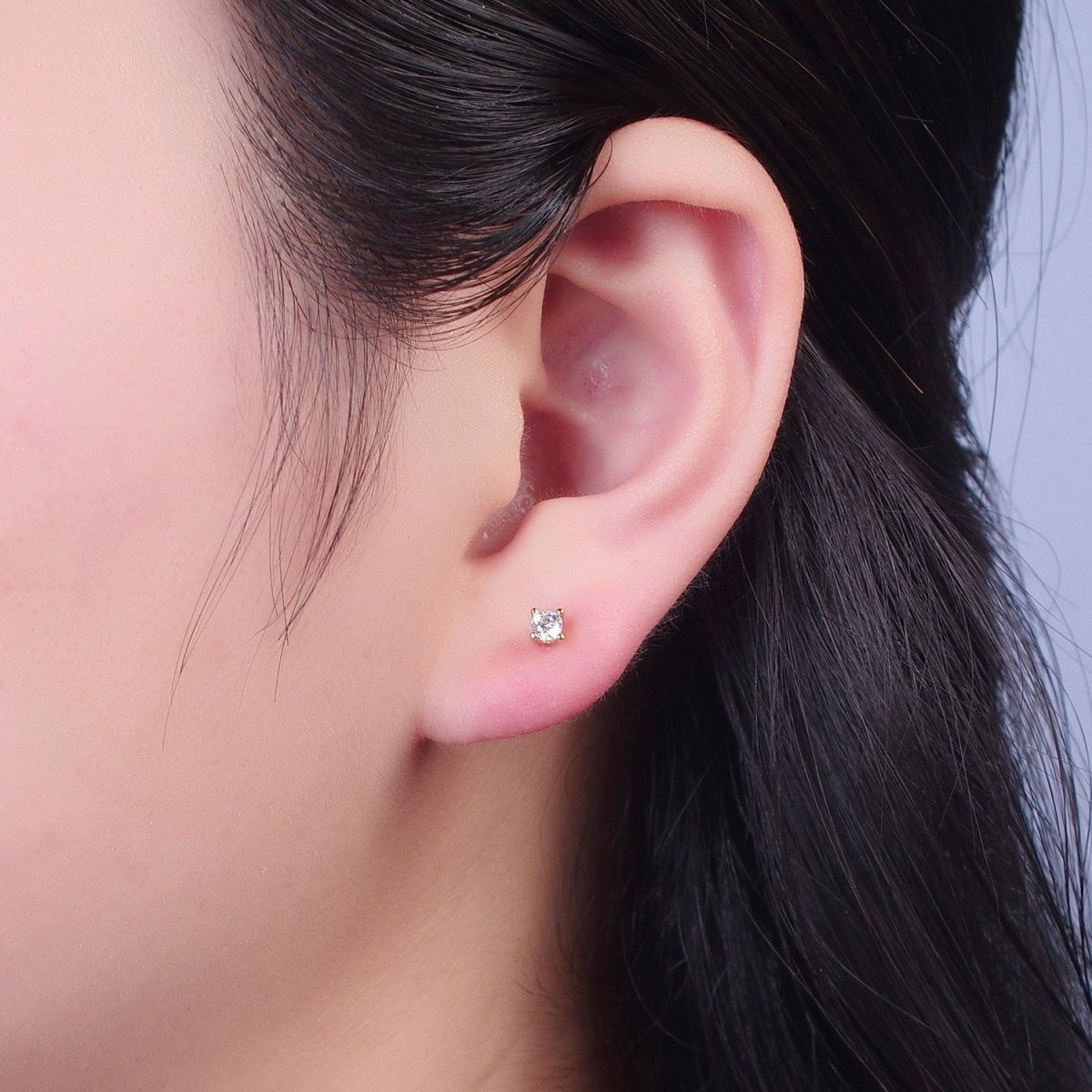 Dainty Gold 3mm, 4mm, 4.4mm Round Clear Cubic Zirconia CZ Stud Earrings P-432 P-433 P-434 - DLUXCA