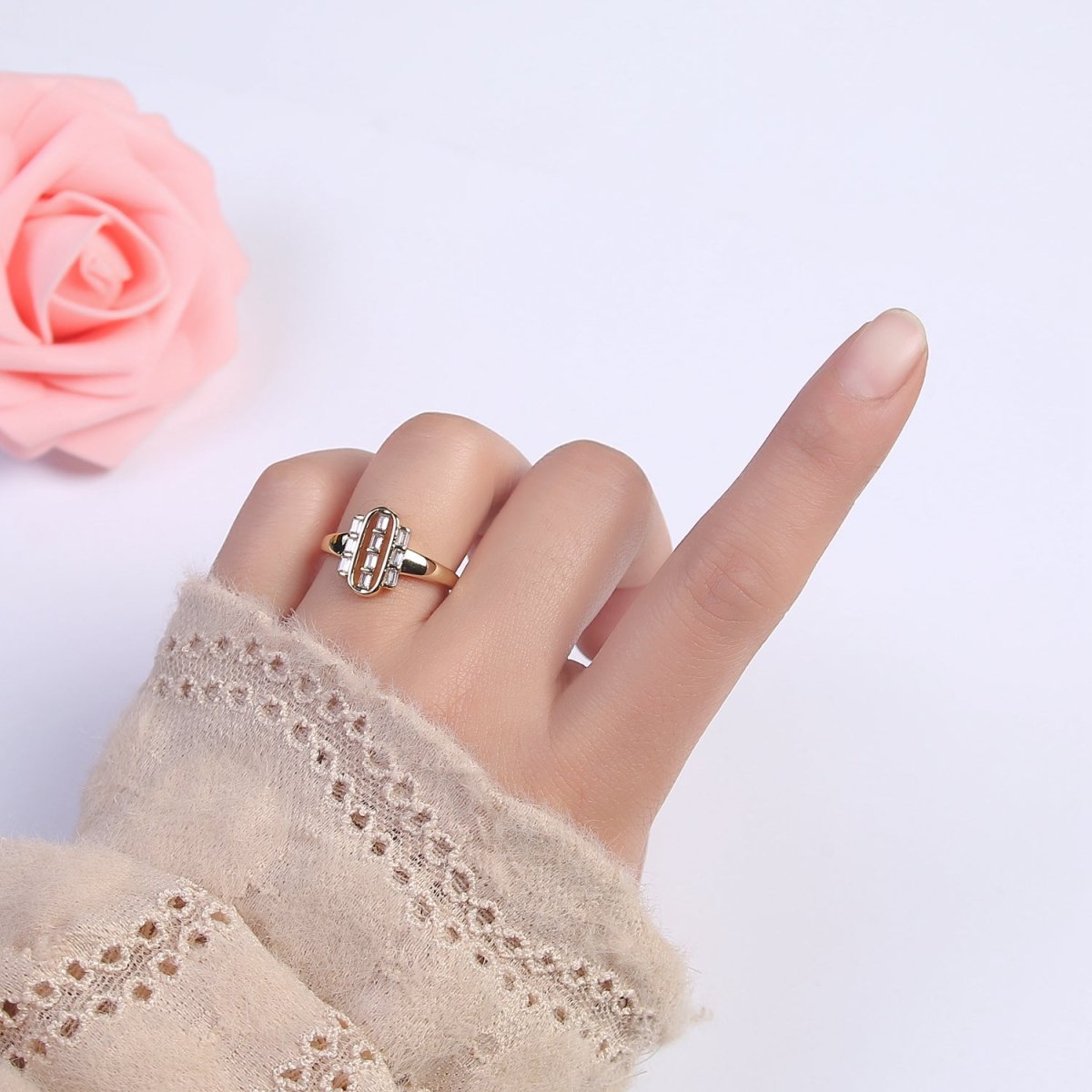 Dainty Gold Baguette Ring for Stackable Jewelry Green / Clear Cz Pill Ring U-472 U-473 - DLUXCA