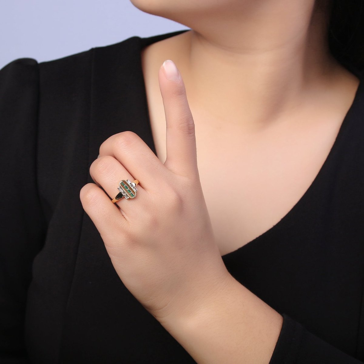 Dainty Gold Baguette Ring for Stackable Jewelry Green / Clear Cz Pill Ring U-472 U-473 - DLUXCA