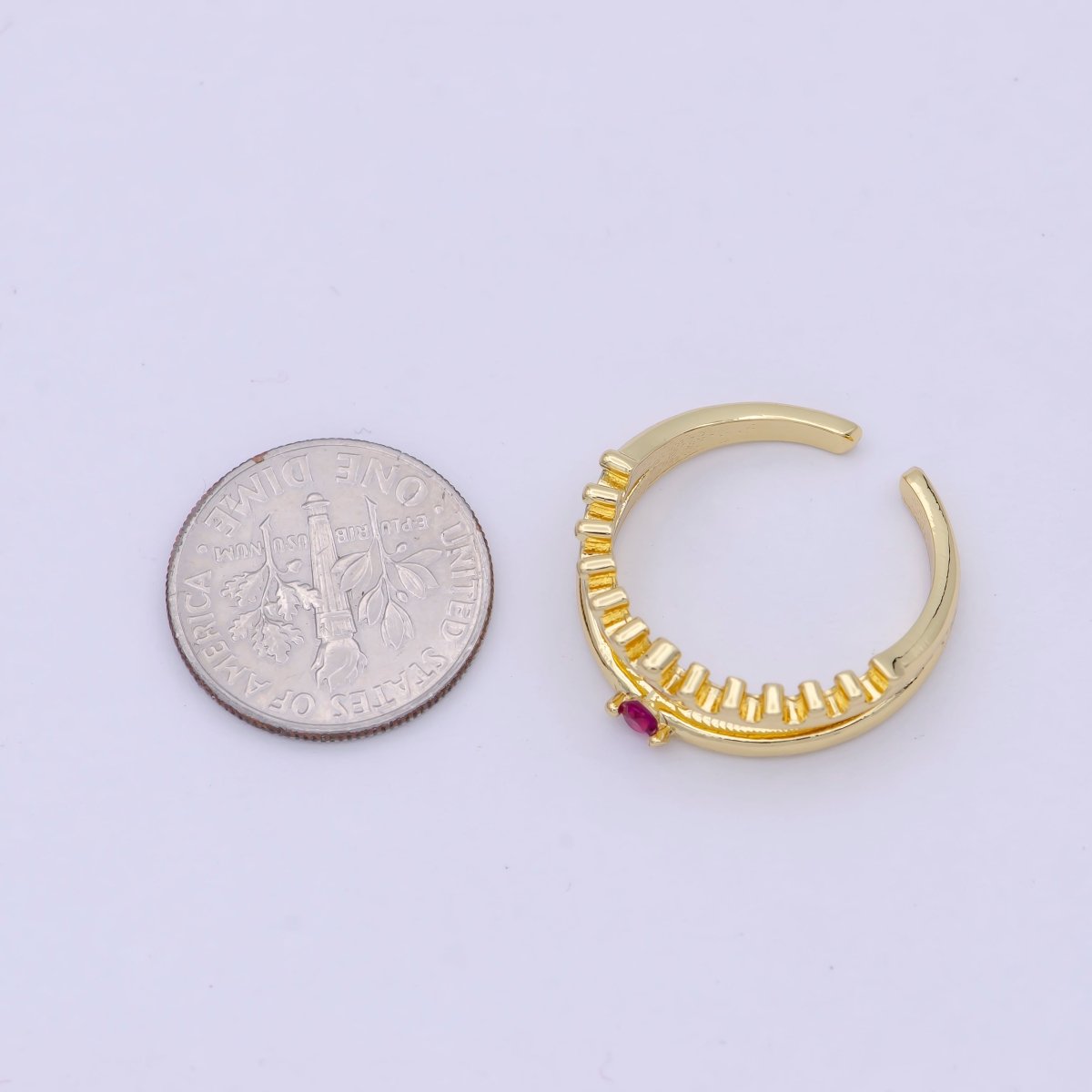 Dainty Gold Band Fuchsia Pink Cz Ring Open Adjustable Stackable Jewelry S-311 - DLUXCA