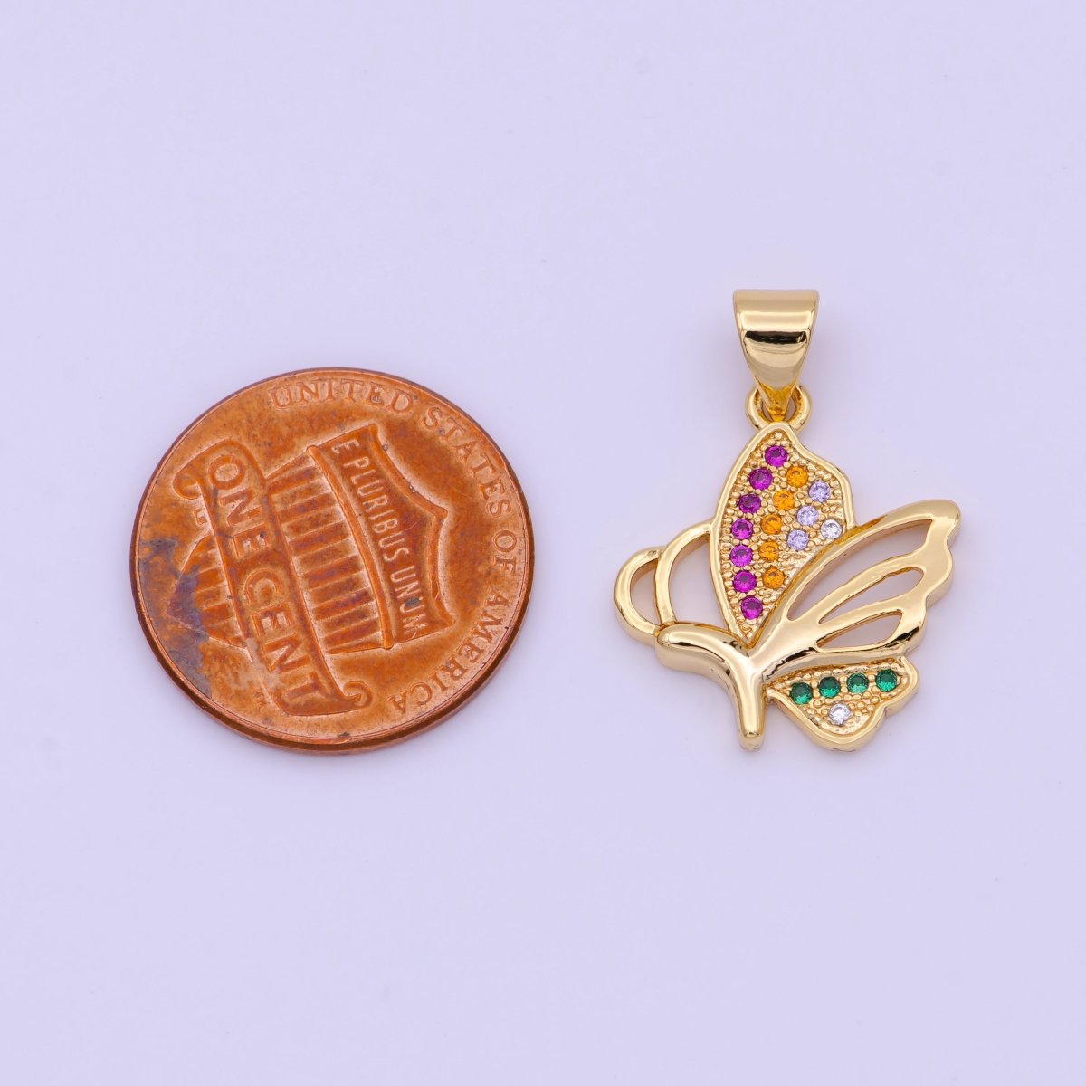 Dainty Gold Butterfly Pendant Micro Paved Multicolor CZ Mariposa Wings H-575 - DLUXCA