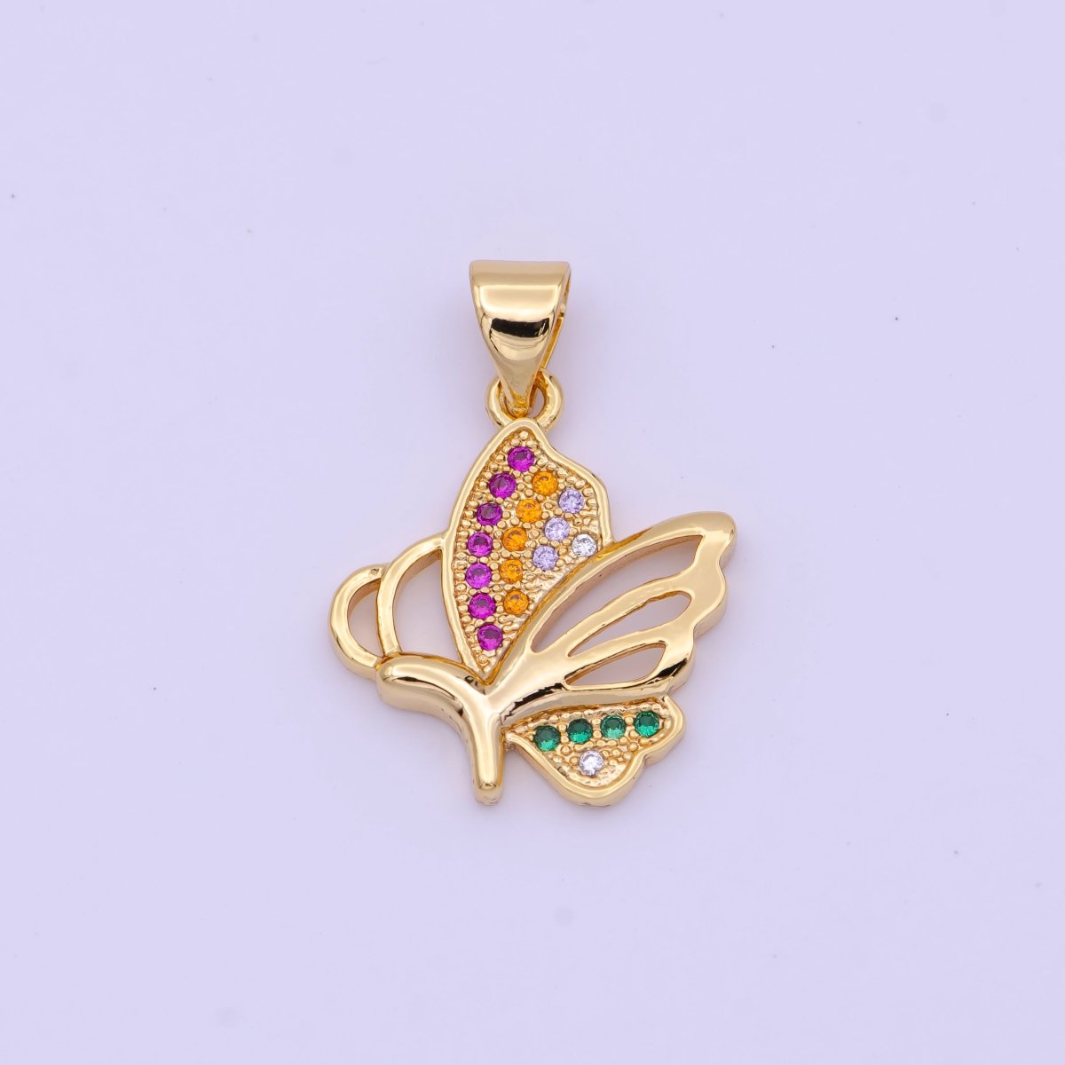 Dainty Gold Butterfly Pendant Micro Paved Multicolor CZ Mariposa Wings H-575 - DLUXCA