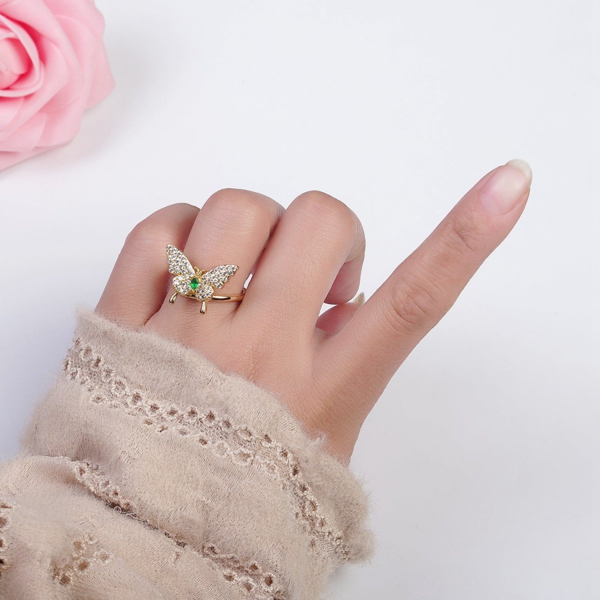 Dainty Gold Butterfly Ring Clear Cz Stone Mariposa Jewelry O-2115 - DLUXCA