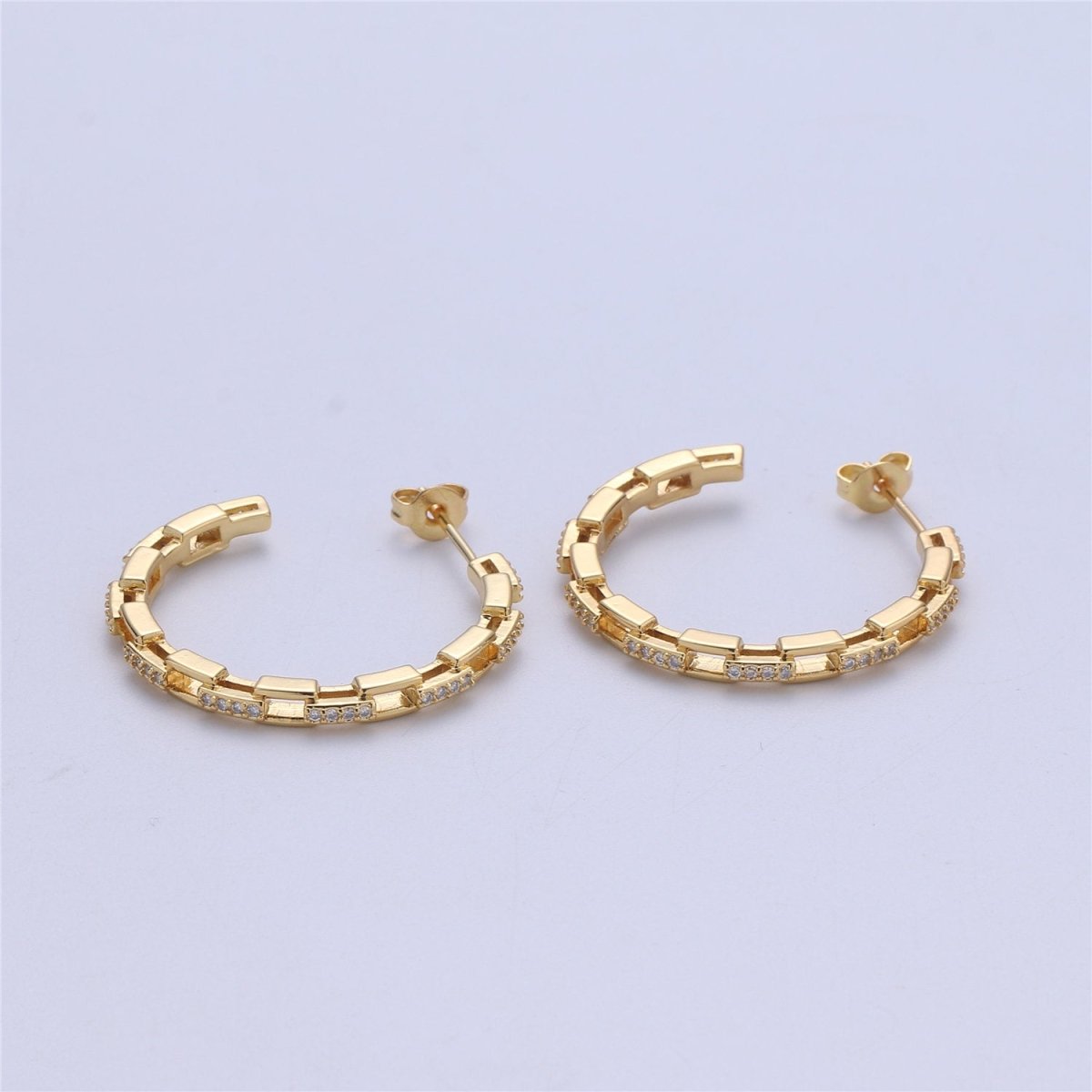Dainty Gold Chain Earring- Curb Chain Earring - Micro Pave Thin Earring - Gold Filled Hoop Ring - Minimalist Jewelry - Silver Link Earring Q-537 Q-538 - DLUXCA
