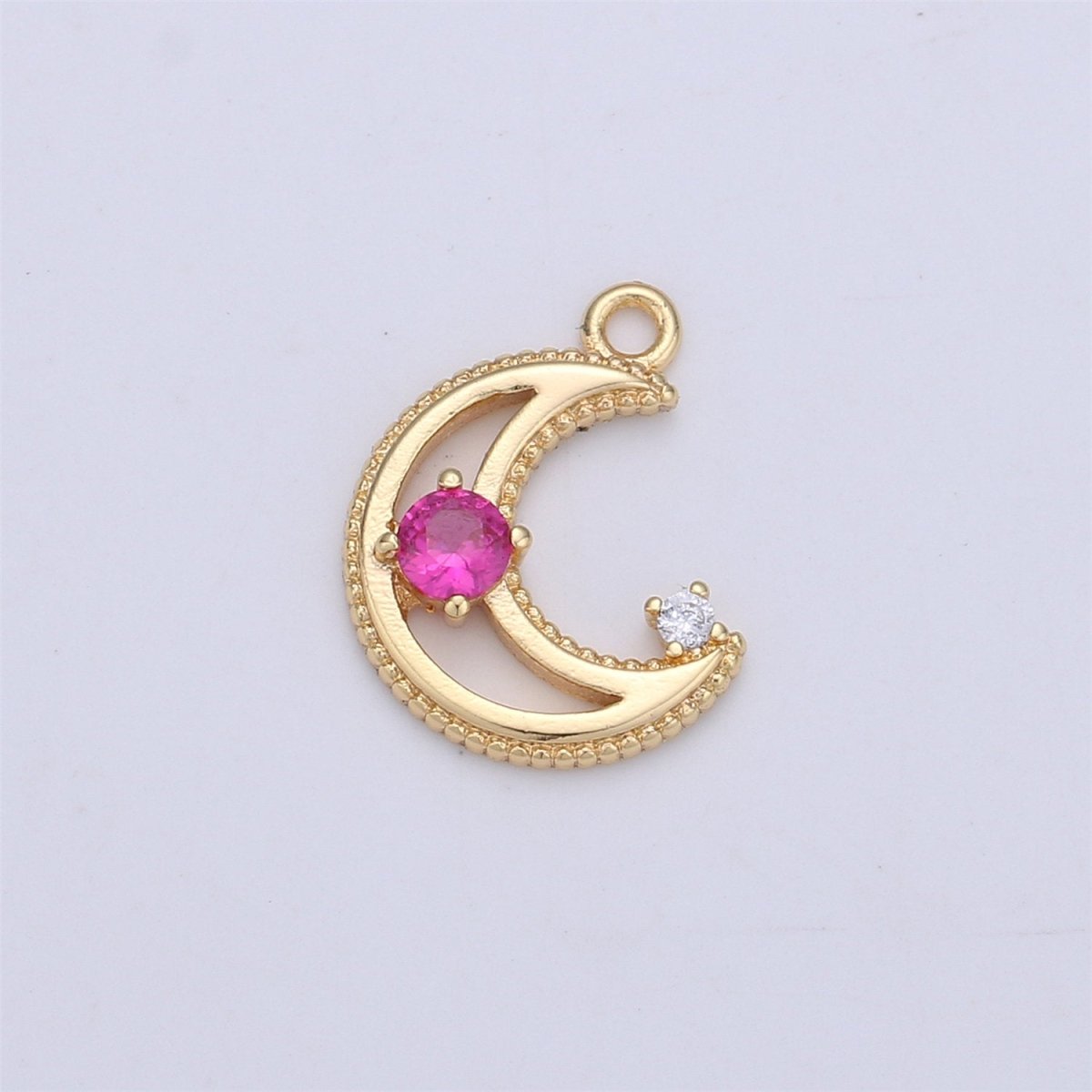 Dainty Gold CZ Crescent Moon Cubic Zirconia with Pink Blue Clear Teal CZ 14k Gold Filled Pave Charm Celestial Unique Charm I-332 - DLUXCA