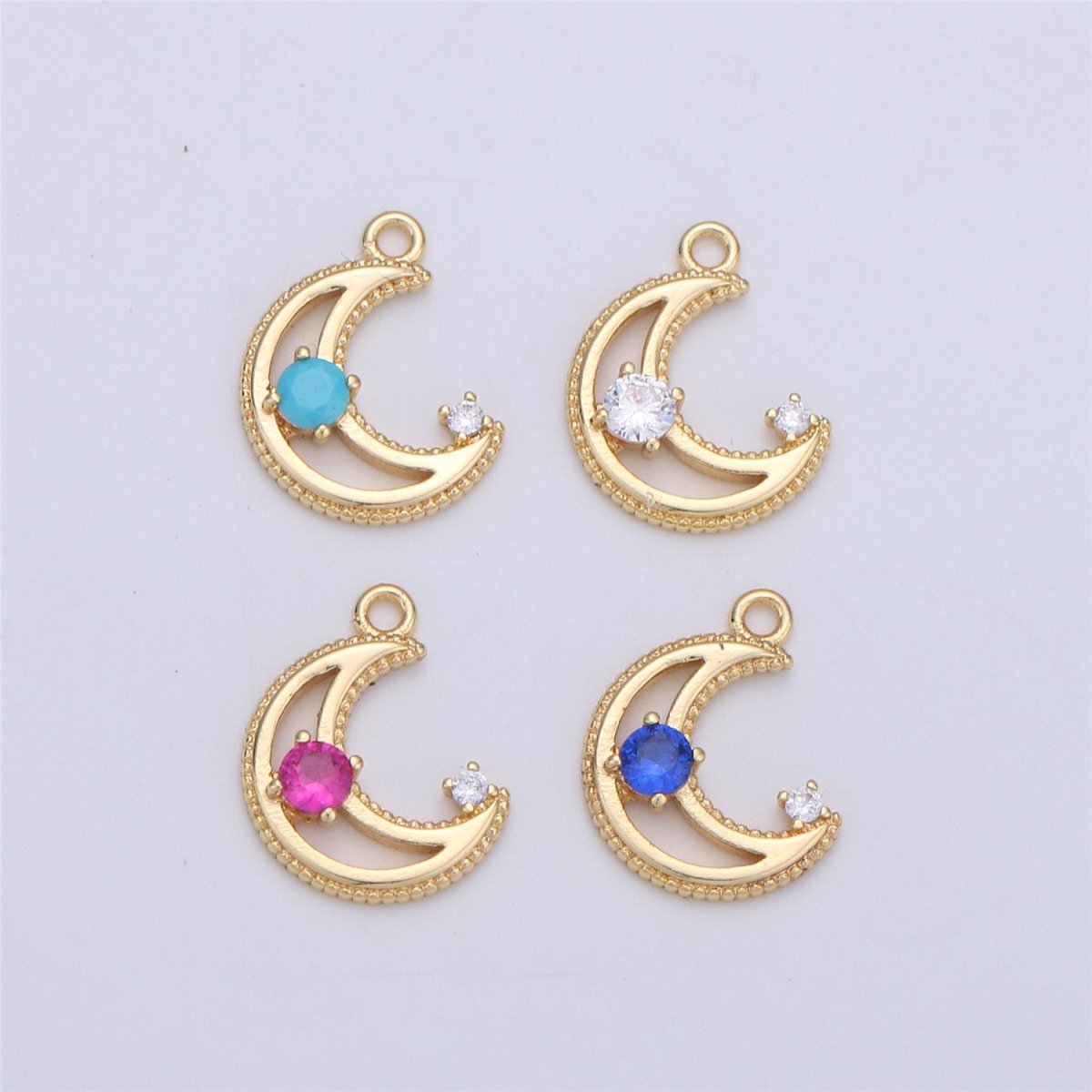 Dainty Gold CZ Crescent Moon Cubic Zirconia with Pink Blue Clear Teal CZ 14k Gold Filled Pave Charm Celestial Unique Charm I-332 - DLUXCA