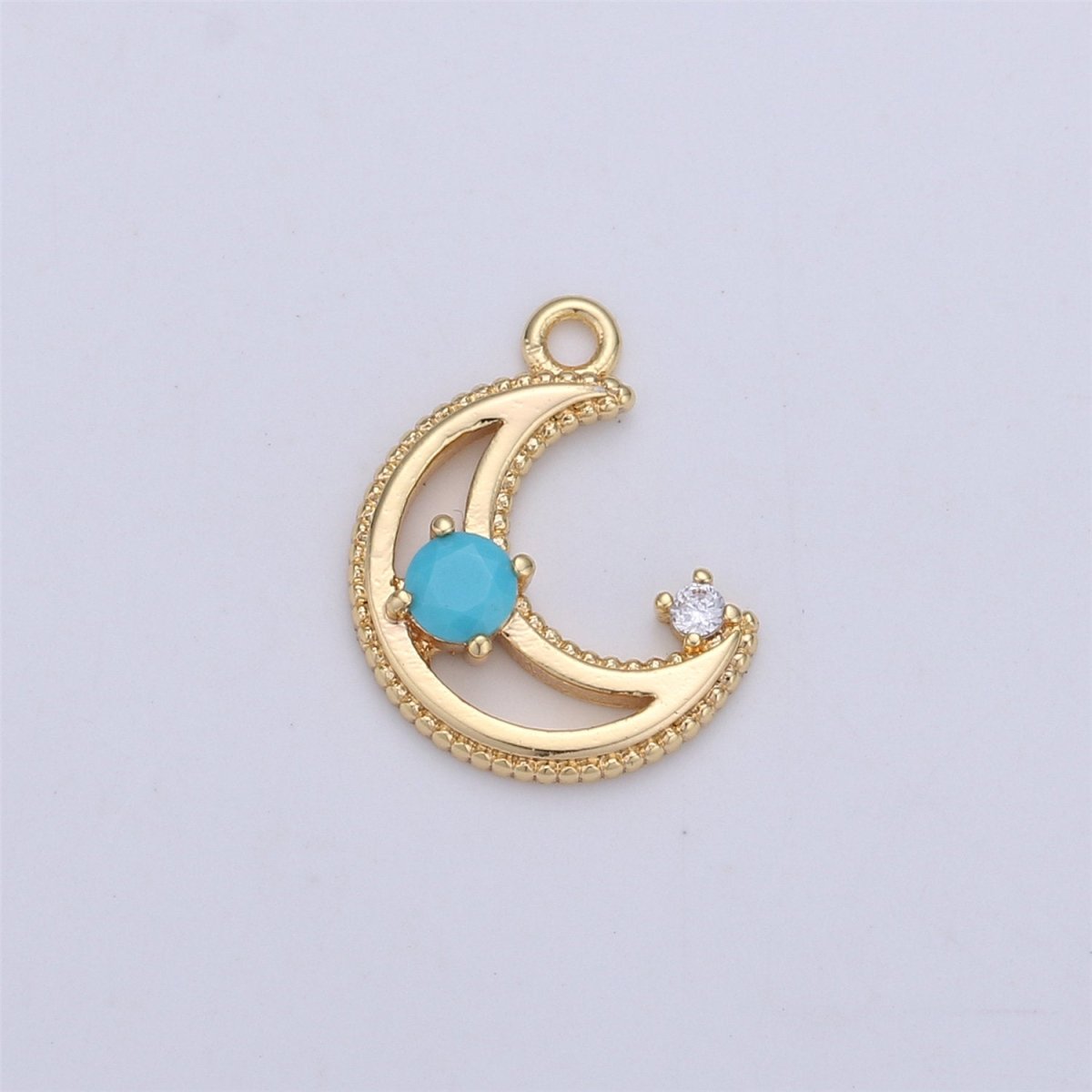 Dainty Gold CZ Crescent Moon Cubic Zirconia with Pink Blue Clear Teal CZ 14k Gold Filled Pave Charm Celestial Unique Charm I-332 - DLUXCA