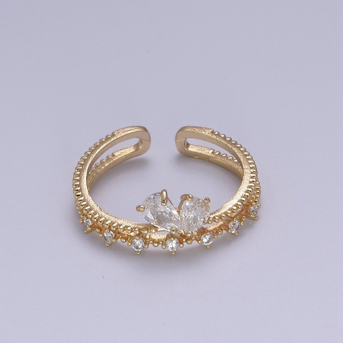 Dainty Gold Double Band CZ Ring Open Adjustable Stackable Ring for Minimalist Jewelry S-374 - DLUXCA