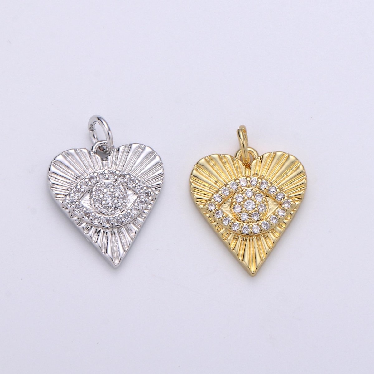 Dainty Gold Eye Charm 14k Gold Filled Silver Evil Eye Charm, Cubic Zirconia Love Charm, Medallion Heart Jewelry, Micro Pave Sun Burst Charm D-674 D-675 - DLUXCA