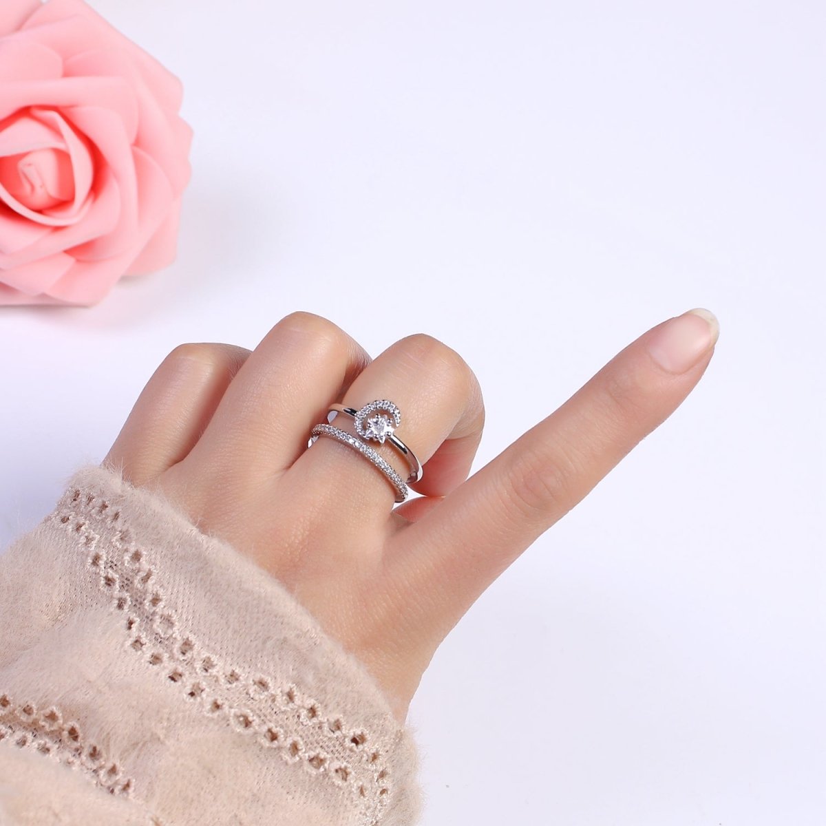 Dainty Gold Filled Crescent Moon With CZ Star Ring Celestial Jewelry S-437 S-438 - DLUXCA