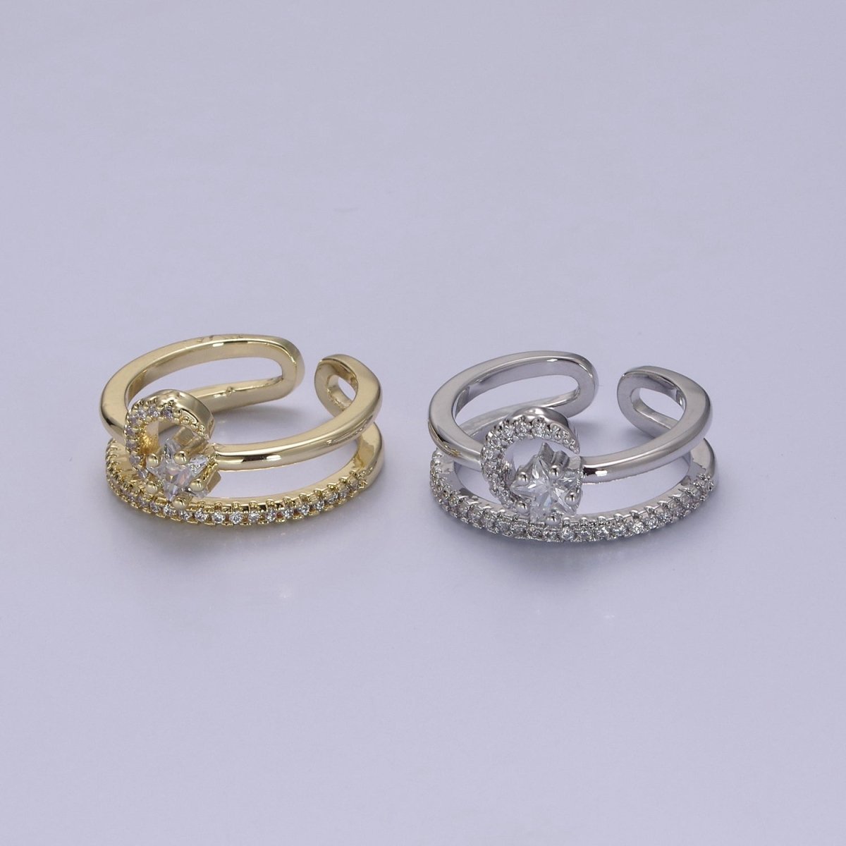 Dainty Gold Filled Crescent Moon With CZ Star Ring Celestial Jewelry S-437 S-438 - DLUXCA