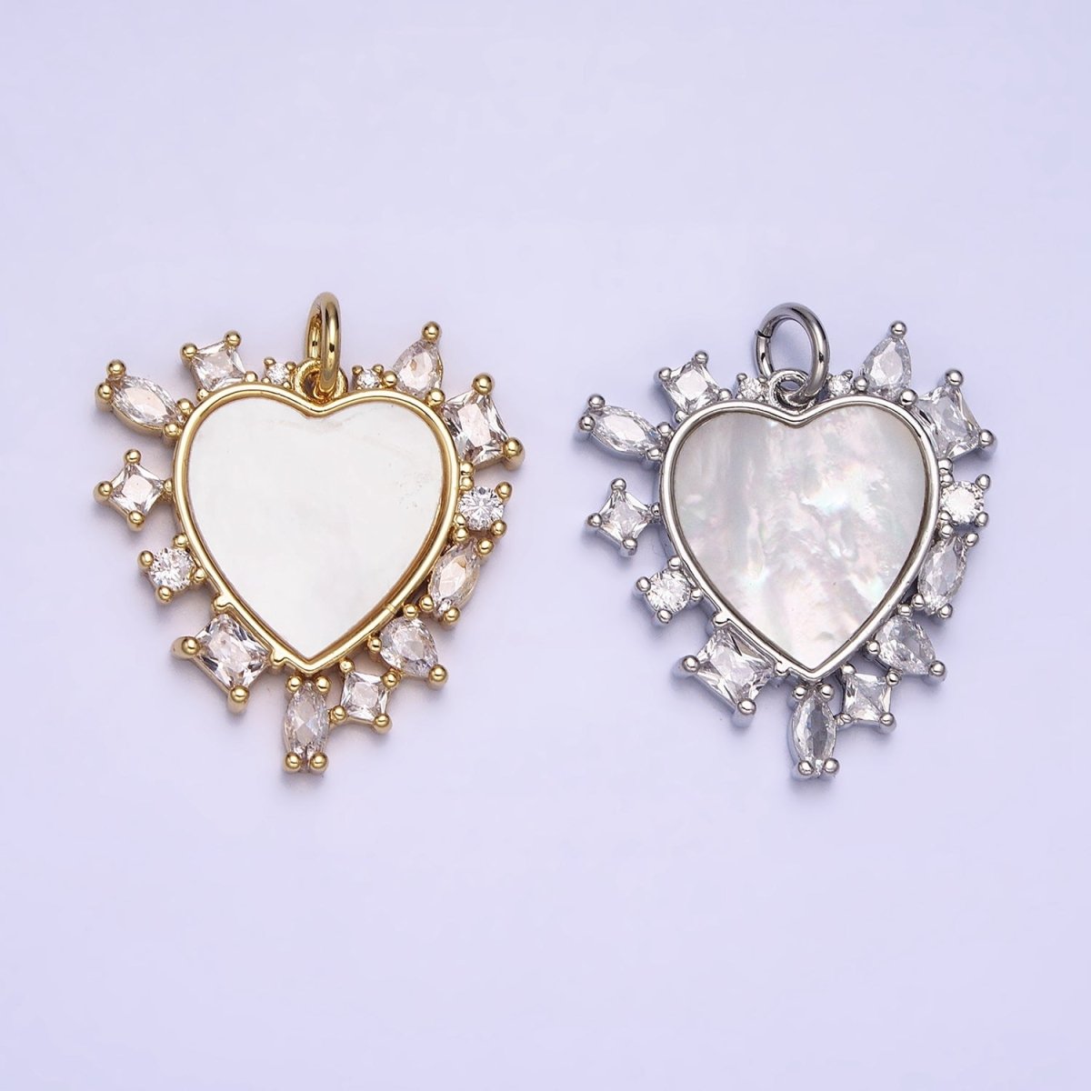 Dainty Gold Filled Heart Shell Pearl Charm with Geometric Zirconia Stone for Minimalist Jewelry Charm in Gold & Silver AC454 AC455 - DLUXCA