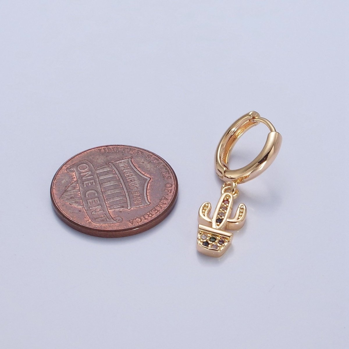 Dainty Gold Filled Huggie Earring with Cactus Charm V-438 - DLUXCA
