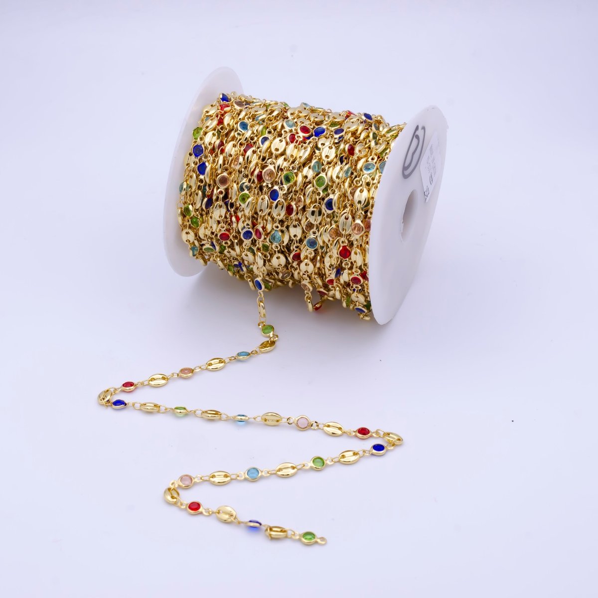 Dainty Gold Filled Mariner Chain with Colorful CZ Stone Dainty Bezel Cut Chain Unfinished chain by YARD | ROLL-798 Clearance Pricing - DLUXCA