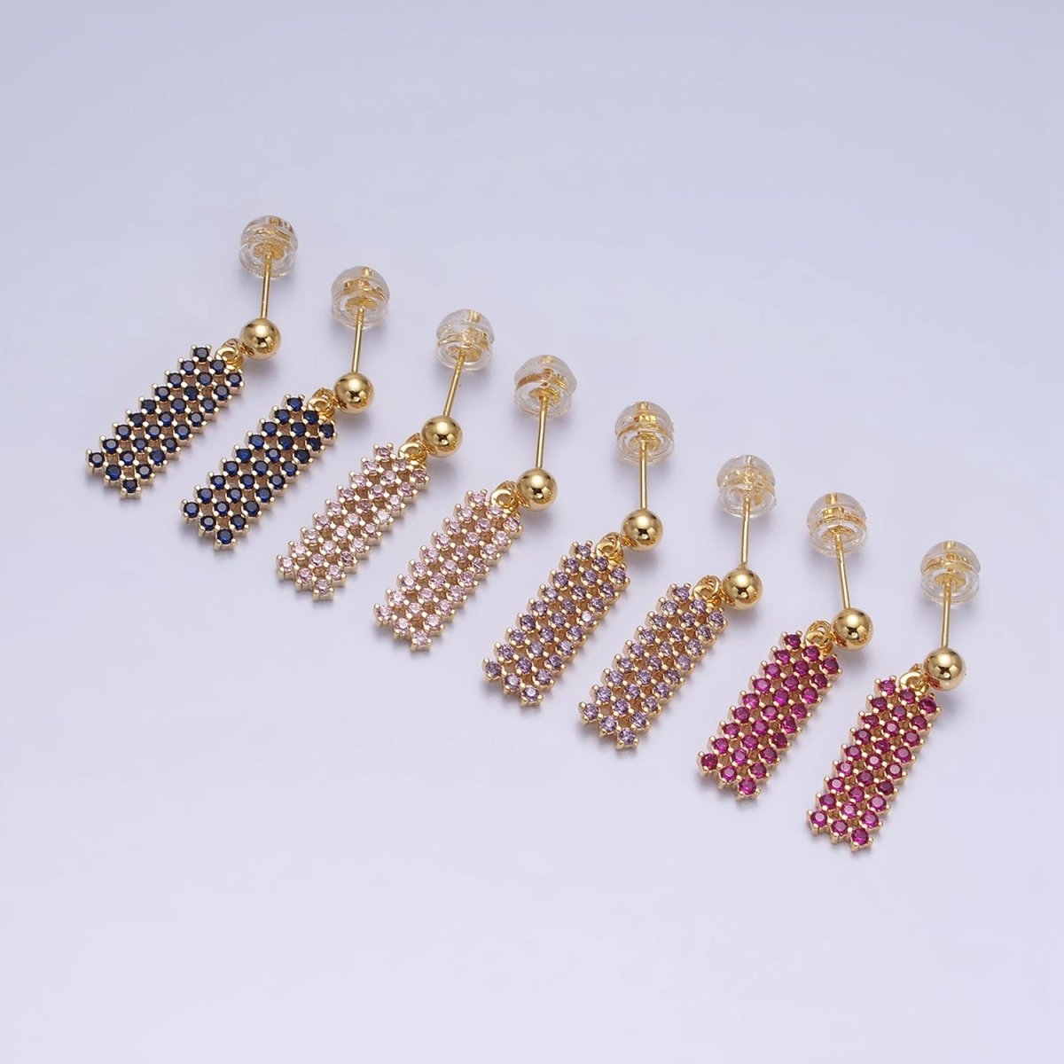 Dainty Gold Filled Stud Earring with Rectangle CZ Charm Dangle Charm Multi Color CZ Stone AD1520 - AD1523 - DLUXCA