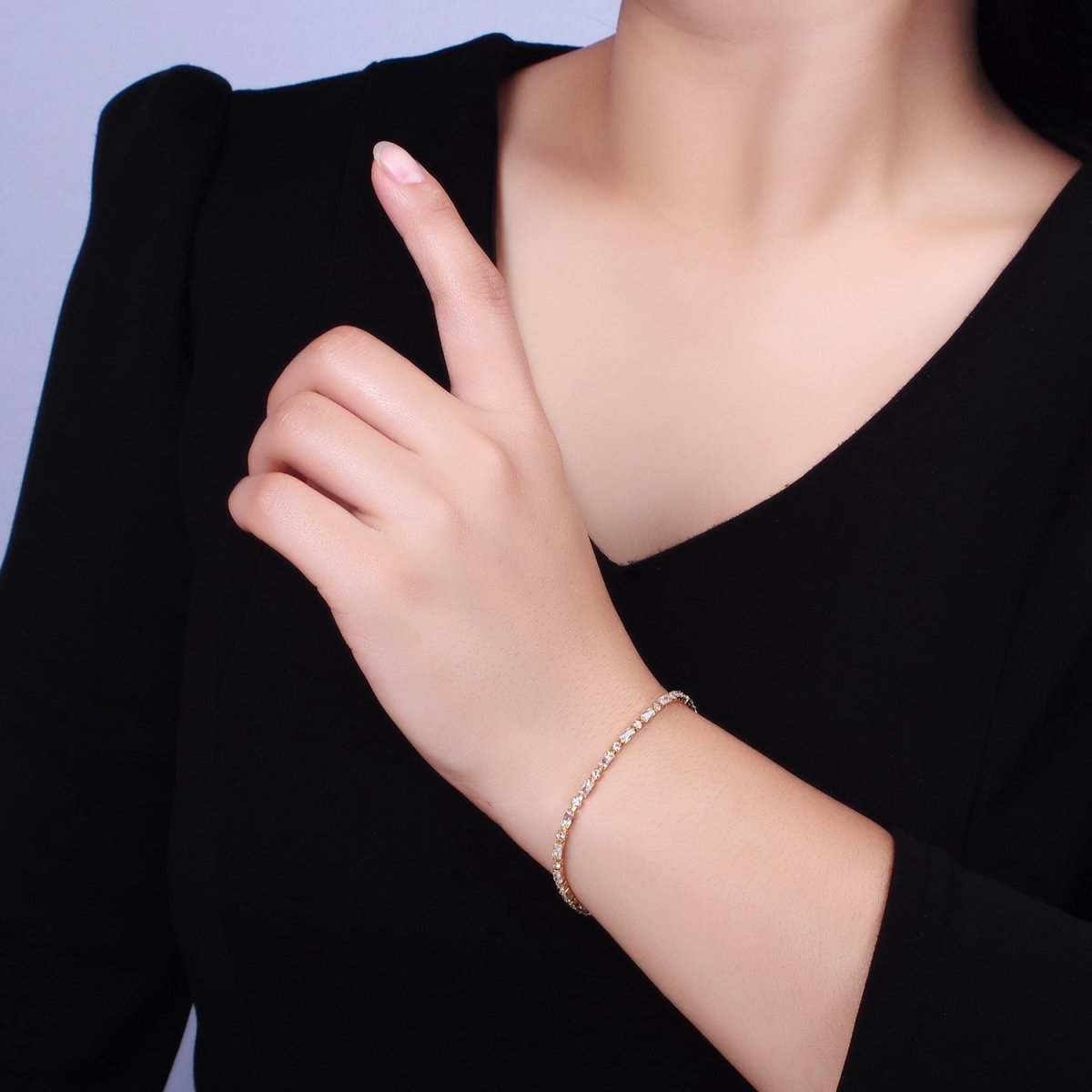 Dainty Gold Filled Tennis Bracelet Emerald Green Mix Baguette Round Clear Pink Green Cubic Zirconia Link Tennis Bracelet Minimalist Jewelry | WA-1824 - WA-1829 Clearance Pricing - DLUXCA