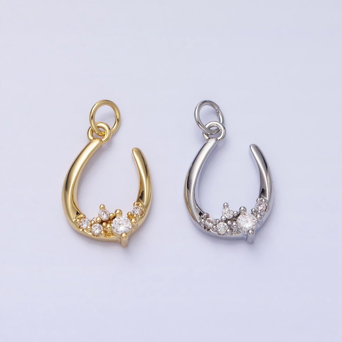 Dainty Gold Fish Hook Charm Silver U Charm with CZ Stone AC416 AC417 - DLUXCA