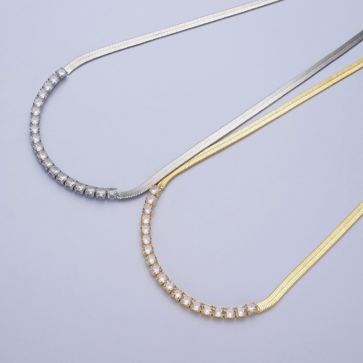 Dainty Gold Herringbone Necklace, Gold Flat Snake Chain Layered Choker, Cubic Zirconia Diamond Layer Chain Necklace for Her | WA-1086 WA-1087 Clearance Pricing - DLUXCA