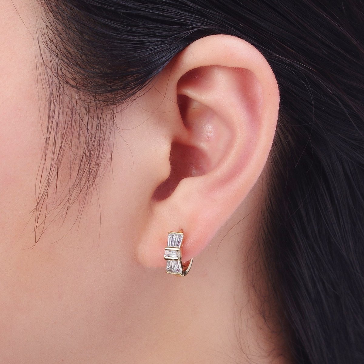 Dainty Gold Huggie Earring Clear Baguette Earring for Everday Use Hypoallergenic Jewelry AE-1022 - DLUXCA