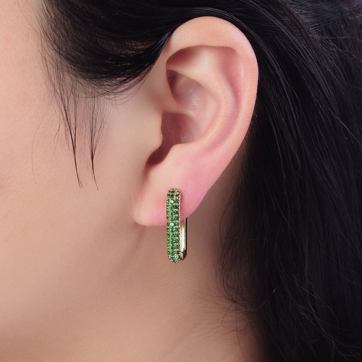 Dainty Gold Huggie Earrings, Rectangle CZ Hoop EarringsV-361 V-362 V-363 - DLUXCA