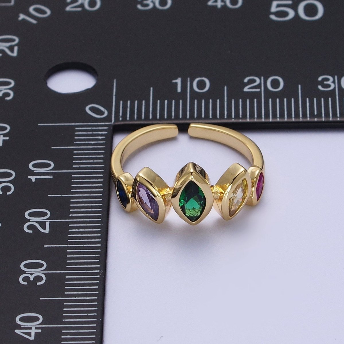 Dainty Gold Multi Color CZ Gemstone Eye Ring Open Adjustable Ring O-122 - DLUXCA