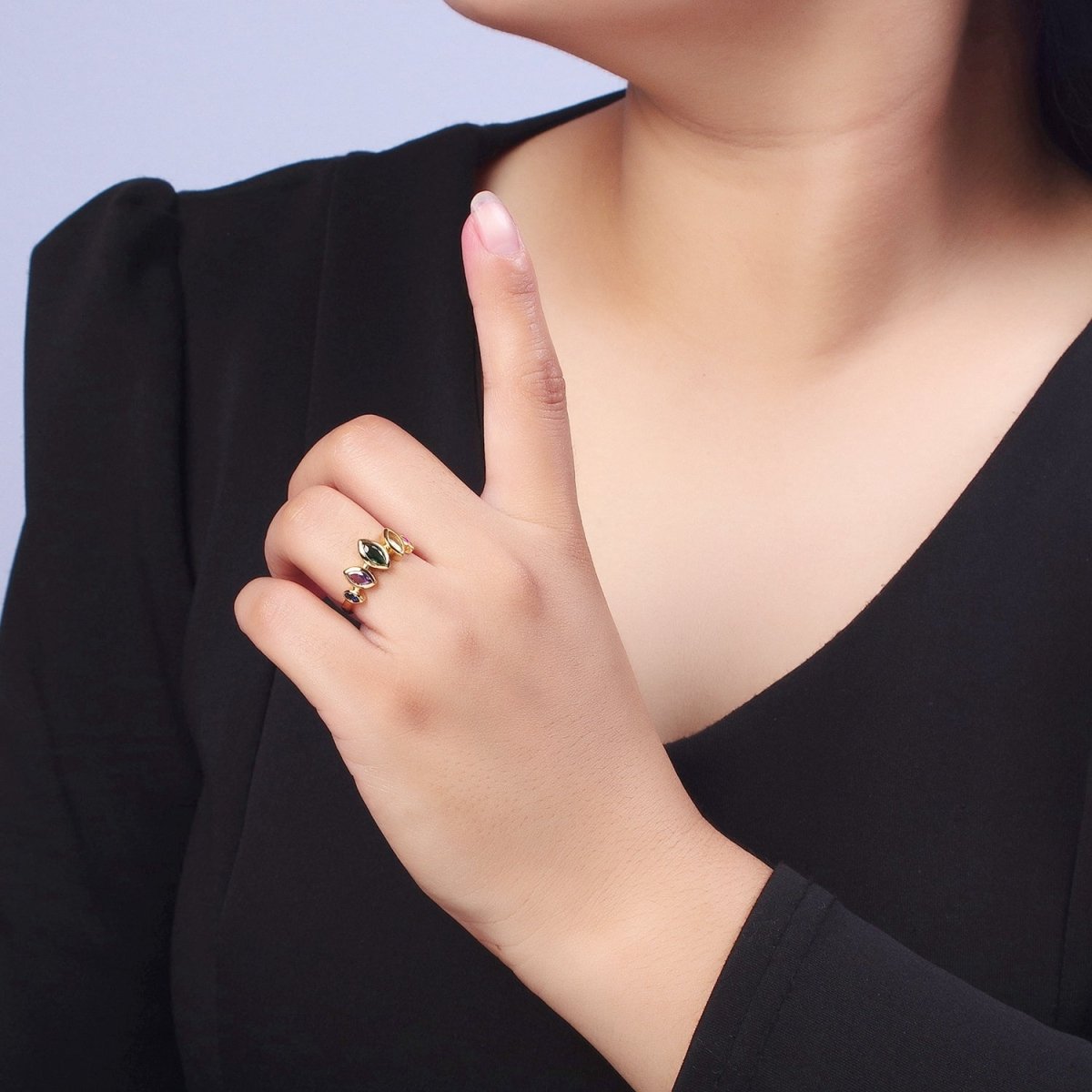 Dainty Gold Multi Color CZ Gemstone Eye Ring Open Adjustable Ring O-122 - DLUXCA