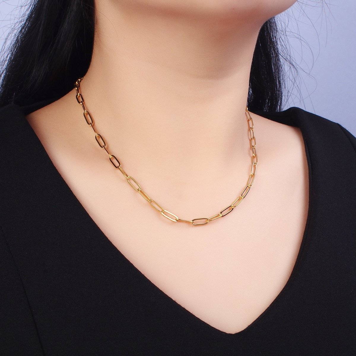 Dainty Gold Paperclip Link Chain Necklace Elongated Chain Necklace Stainless Steel Chain 17.7 inch Long | WA-1623 WA-1624 Clearance Pricing - DLUXCA