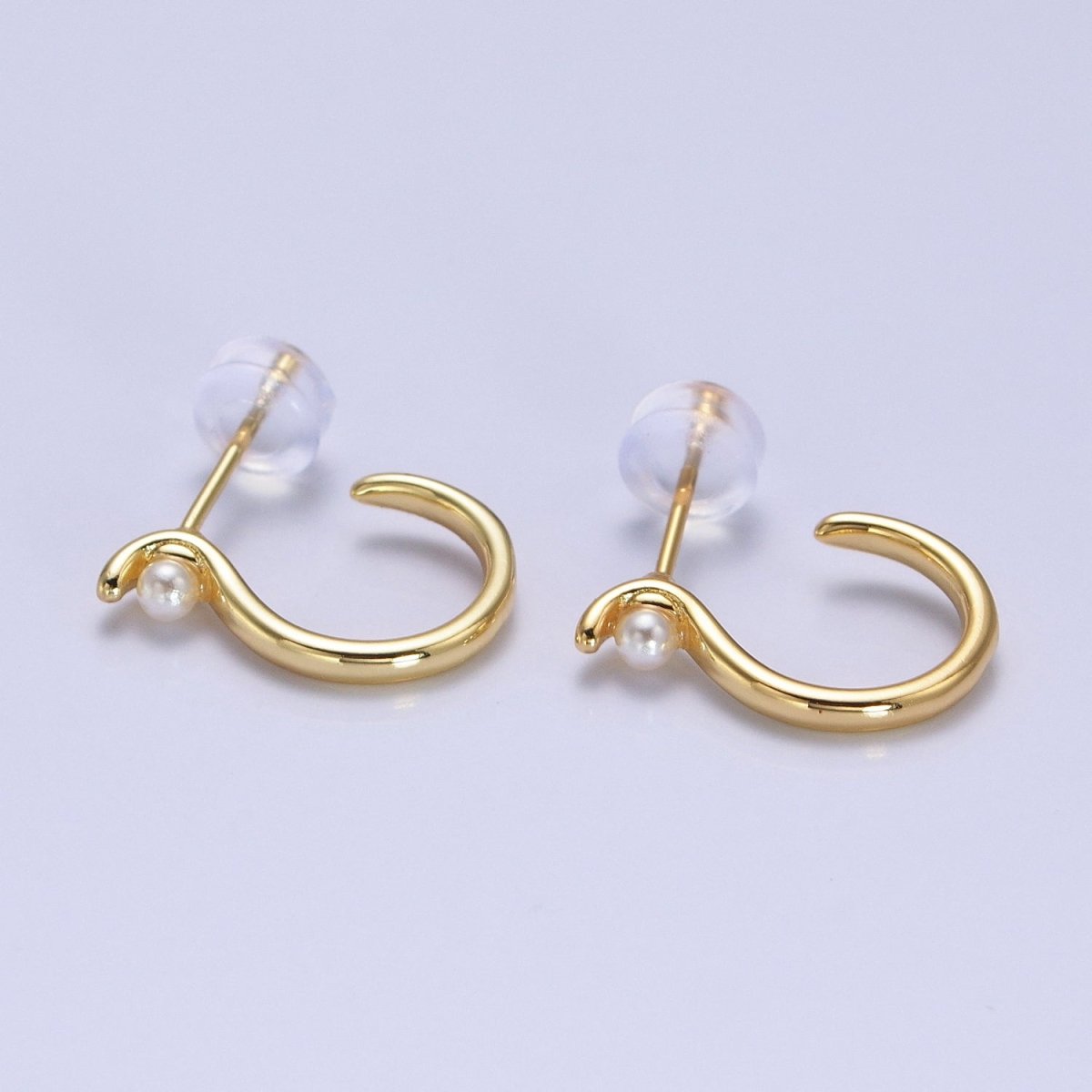 Dainty Gold Pearl Geometric S-Shaped Hoop Stud Earrings | AB193 - DLUXCA