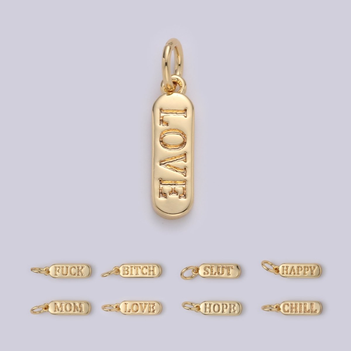 Dainty Gold Pill Bar Pendant, love mom hope happy chill words charm, 14K Gold Filed Pendant for Bracelet Necklace Earring Component Supply | D-506, D-323-D-330, D-747 - DLUXCA