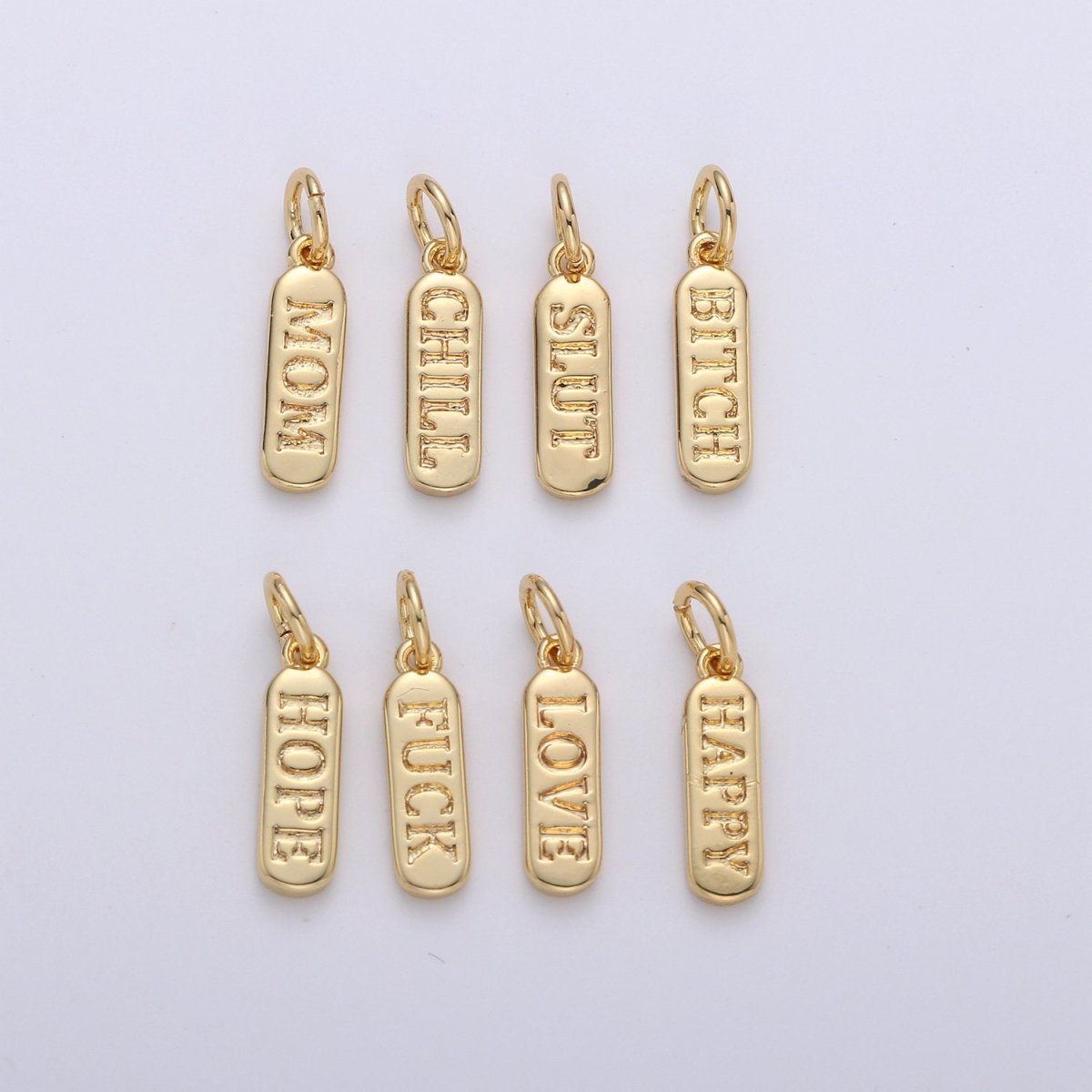 Dainty Gold Pill Bar Pendant, love mom hope happy chill words charm, 14K Gold Filed Pendant for Bracelet Necklace Earring Component Supply | D-506, D-323-D-330, D-747 - DLUXCA