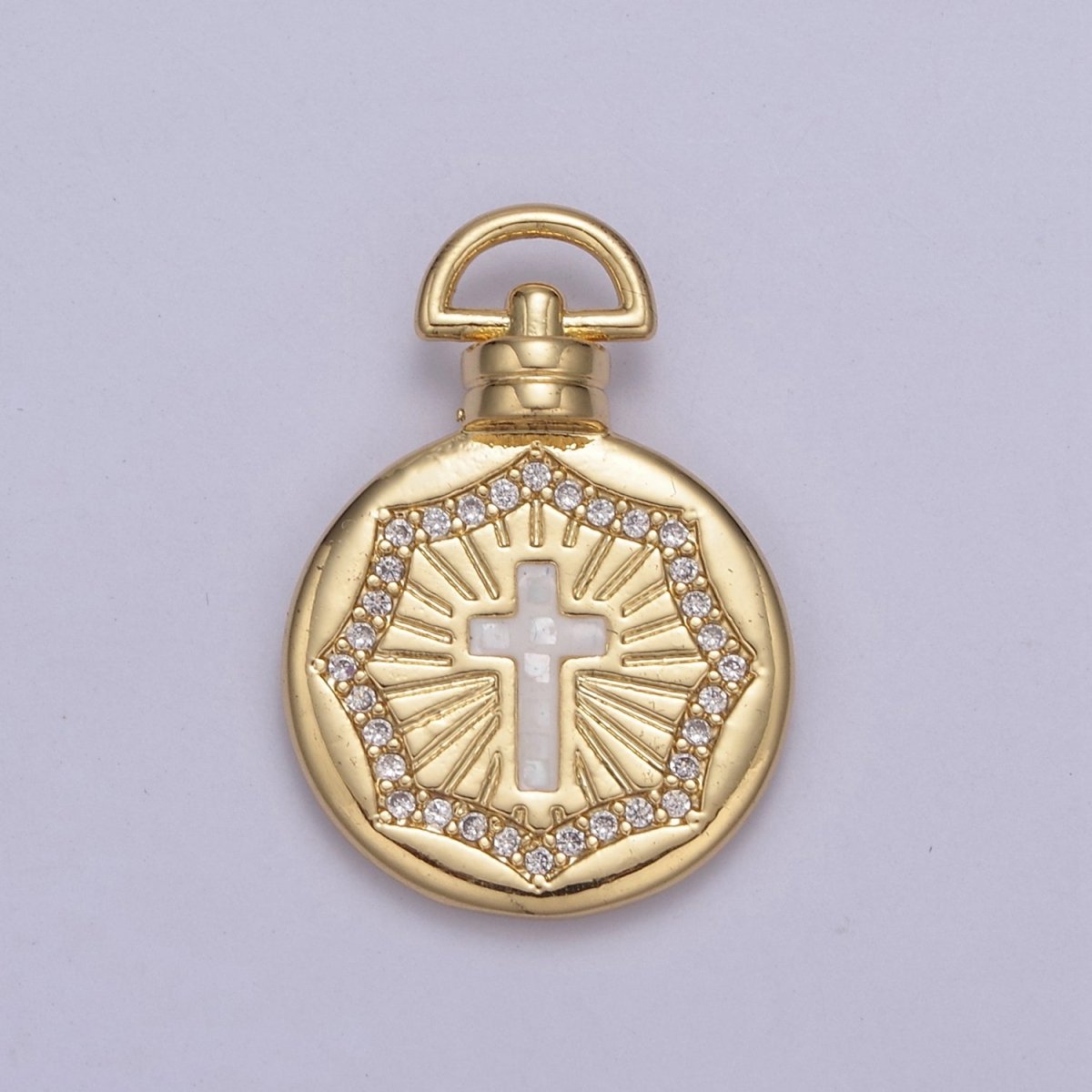 Dainty Gold Pink Shell Cross Pendant Micro Pave Round Medallion Pink / White Shell Religious Jewelry Making H-613 H-618 - DLUXCA