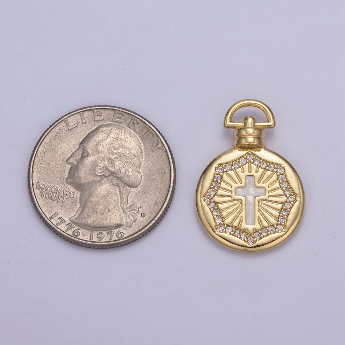 Dainty Gold Pink Shell Cross Pendant Micro Pave Round Medallion Pink / White Shell Religious Jewelry Making H-613 H-618 - DLUXCA