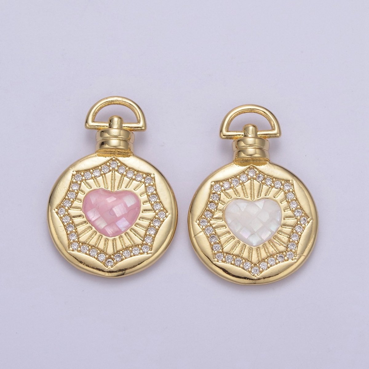 Dainty Gold Pink Shell Heart Pendant Micro Pave Round Medallion Pink / White Shell Valentine Jewelry Making H-700 H-706 - DLUXCA