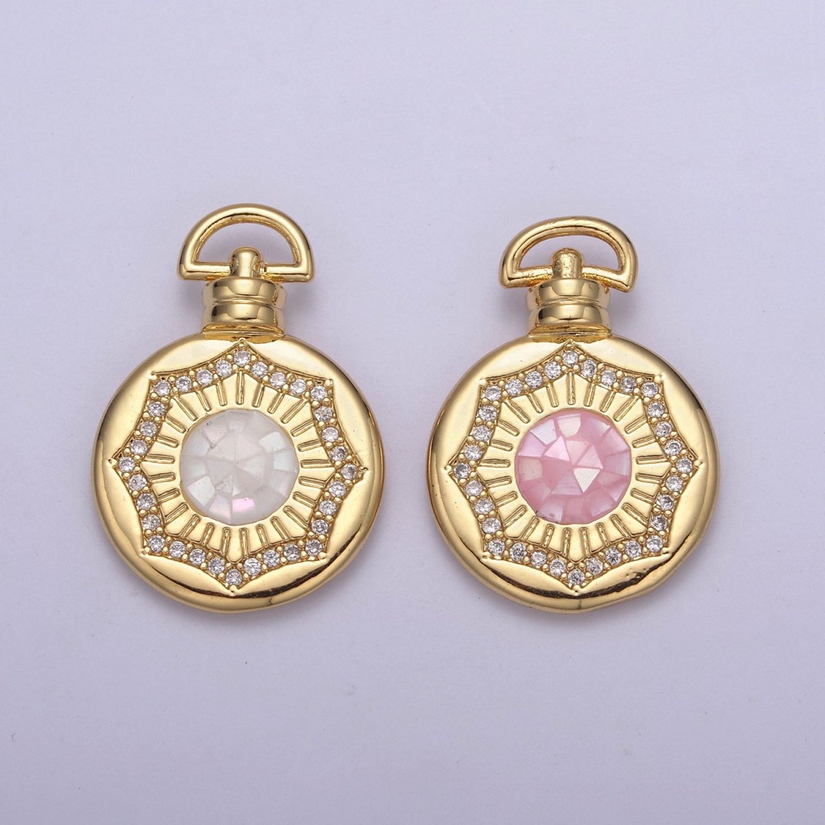 Dainty Gold Pink Shell Sun Pendant Micro Pave Round Medallion Pink / White Shell Celestial Jewelry Making H-717 H-726 - DLUXCA